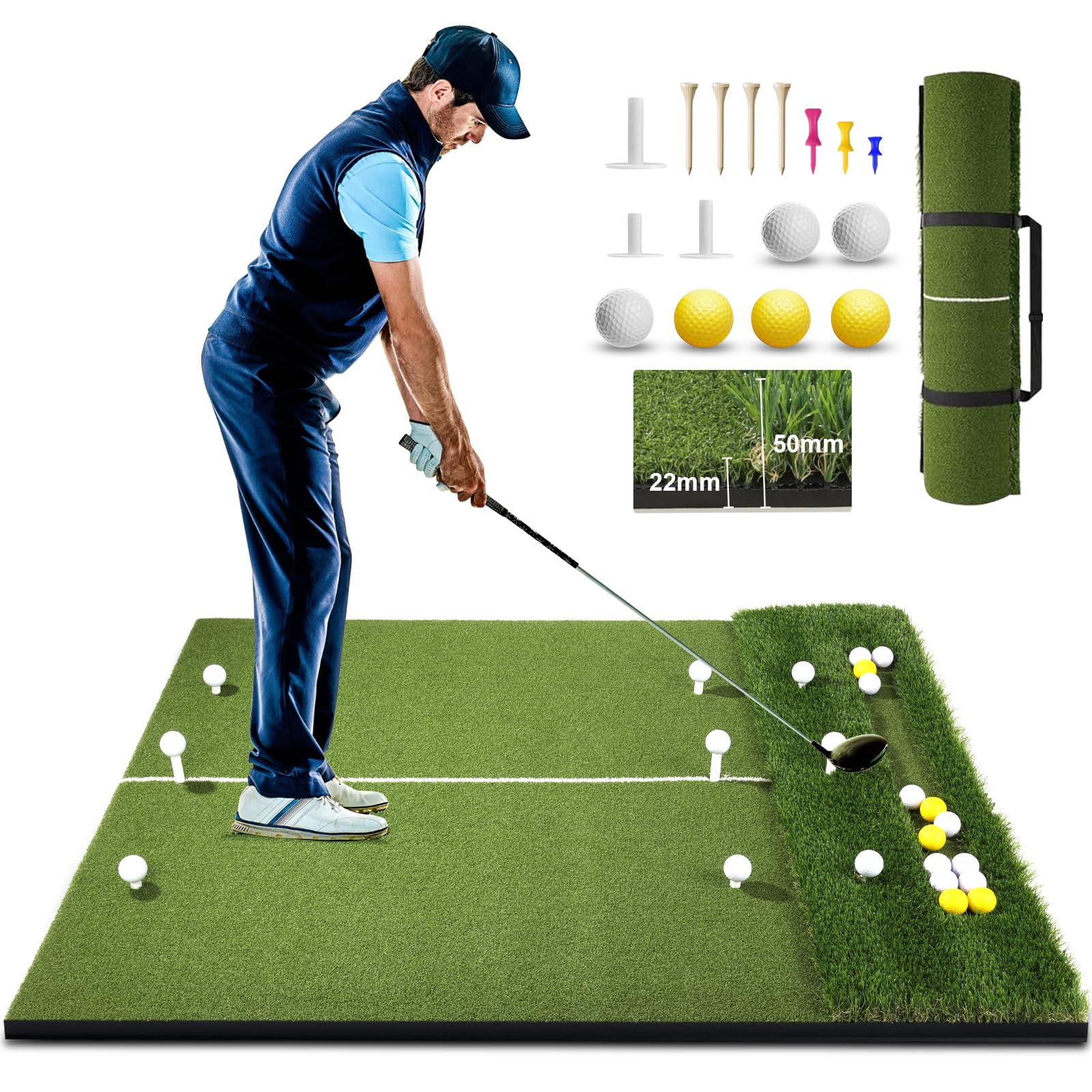 5X4Ft Golf Mat With Ball Tray, Thickened Dual-Turf Golf Hitting Mat With Alignment Lines For Indoor & Outdoor Use, Golf Practice