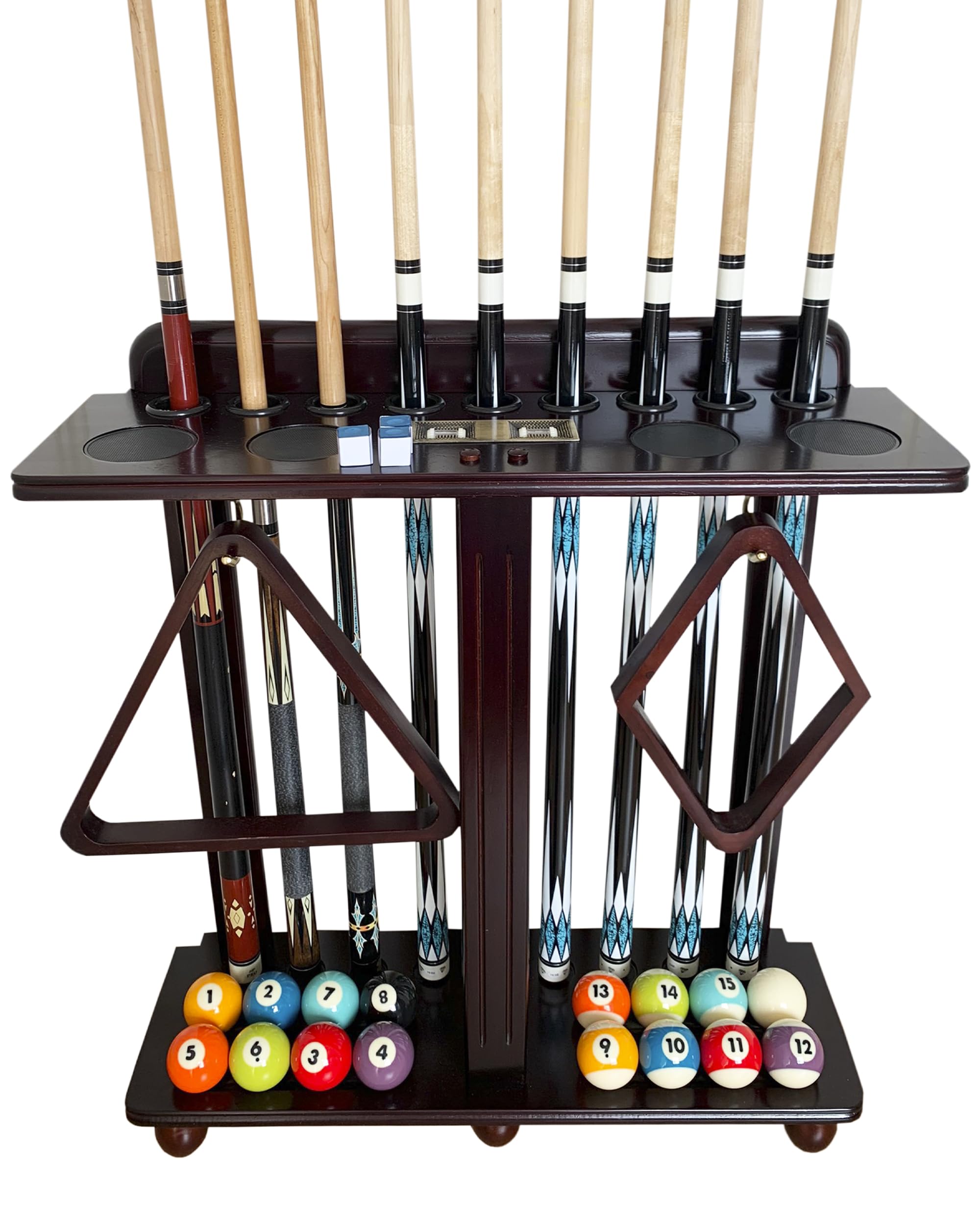 GACCO BILLIARDS Floor Pool Cue Rack Hold 9 Cue Sticks & Billiard Accessories. Corner Stand Pool Cue Holder Made of 100% Solid Ha