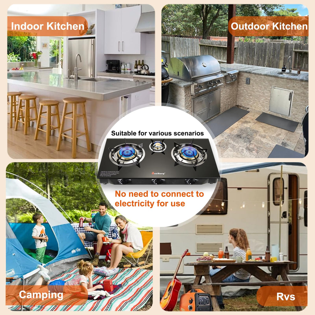 Besnerg Propane Stove 3 Burner Gas Stove, 34000 Btu High-Efficiency Auto Ignition Tempered Glass Lpg Cooktop With Csa Regulator