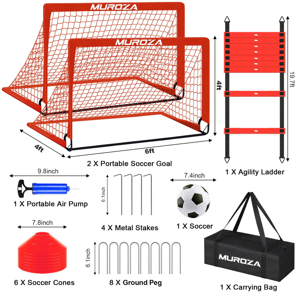 Kids Soccer Goals For Backyard Set, 2 Pack Of 6X4 Ft Portable Pop Up Soccer Nets With Soccer Ball, Agility Ladder, Cones, Comple