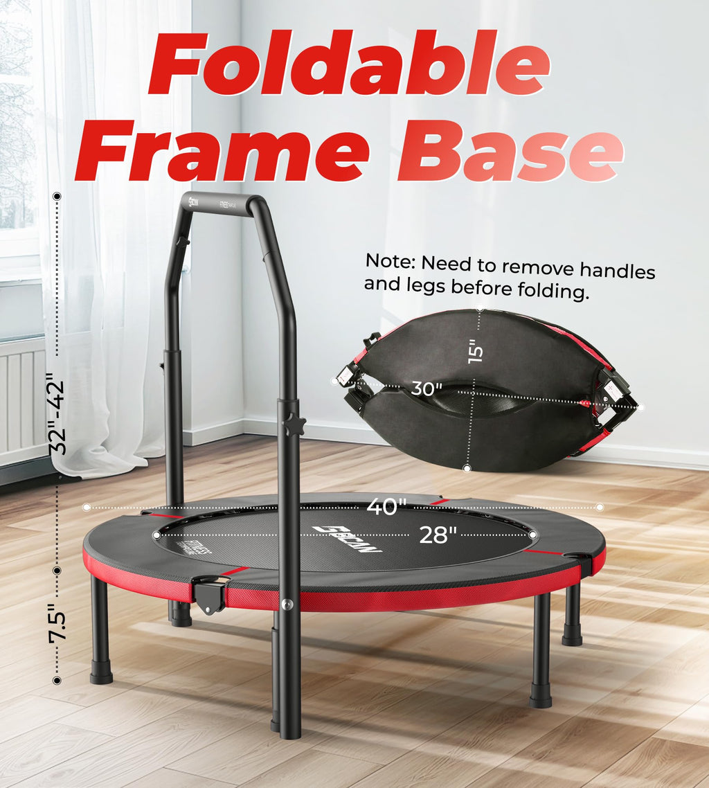 BCAN 40 Foldable Mini Trampoline Max Load 330lbs, Fitness Rebounder with Adjustable Foam Handle, Exercise Trampoline for Adults