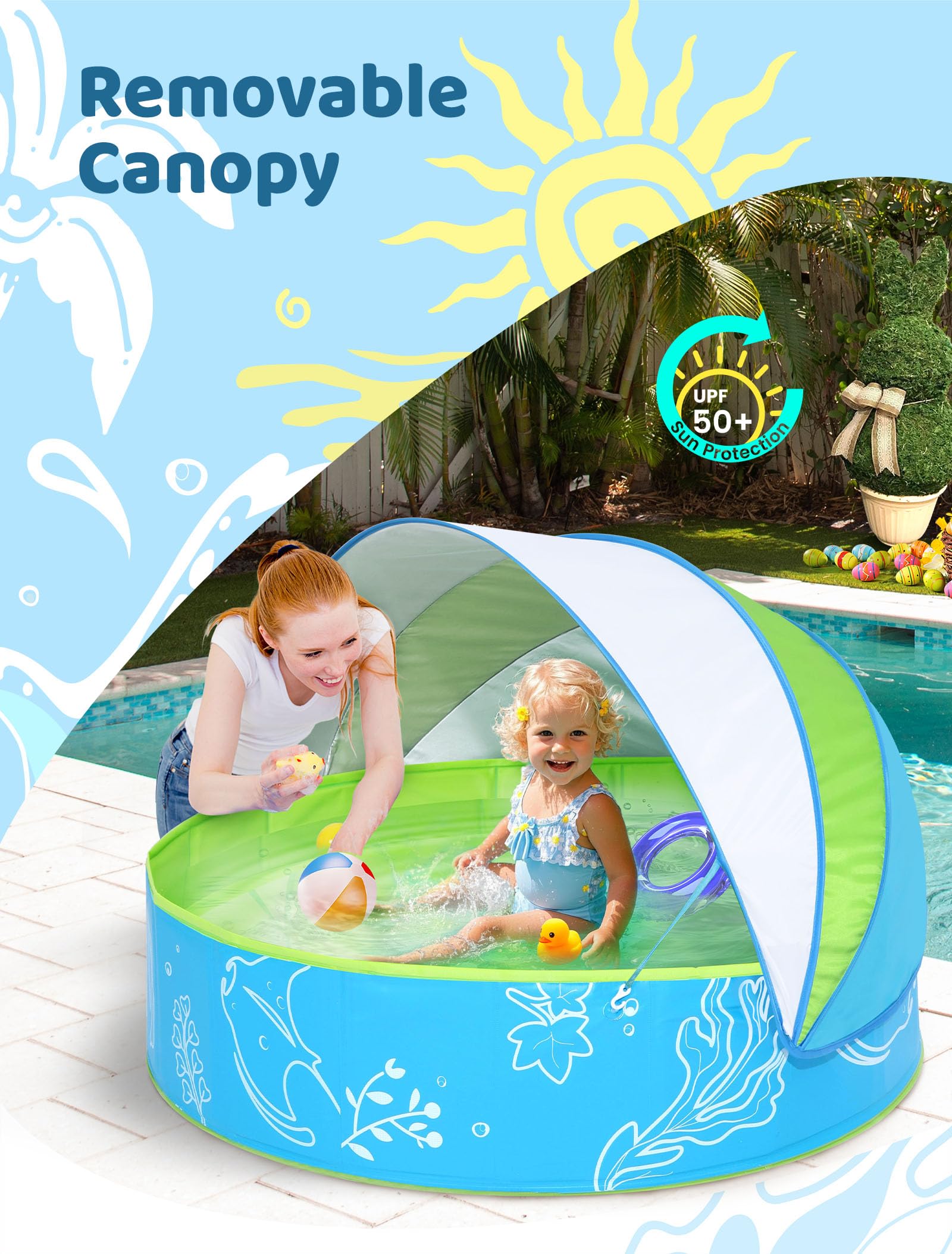 Hikiddy Foldable Kiddie Pool With Canopy: 47In Baby Pool And Beach Tent For Toddlers Infants 6-12 Months And Kids 2-4 Years Old