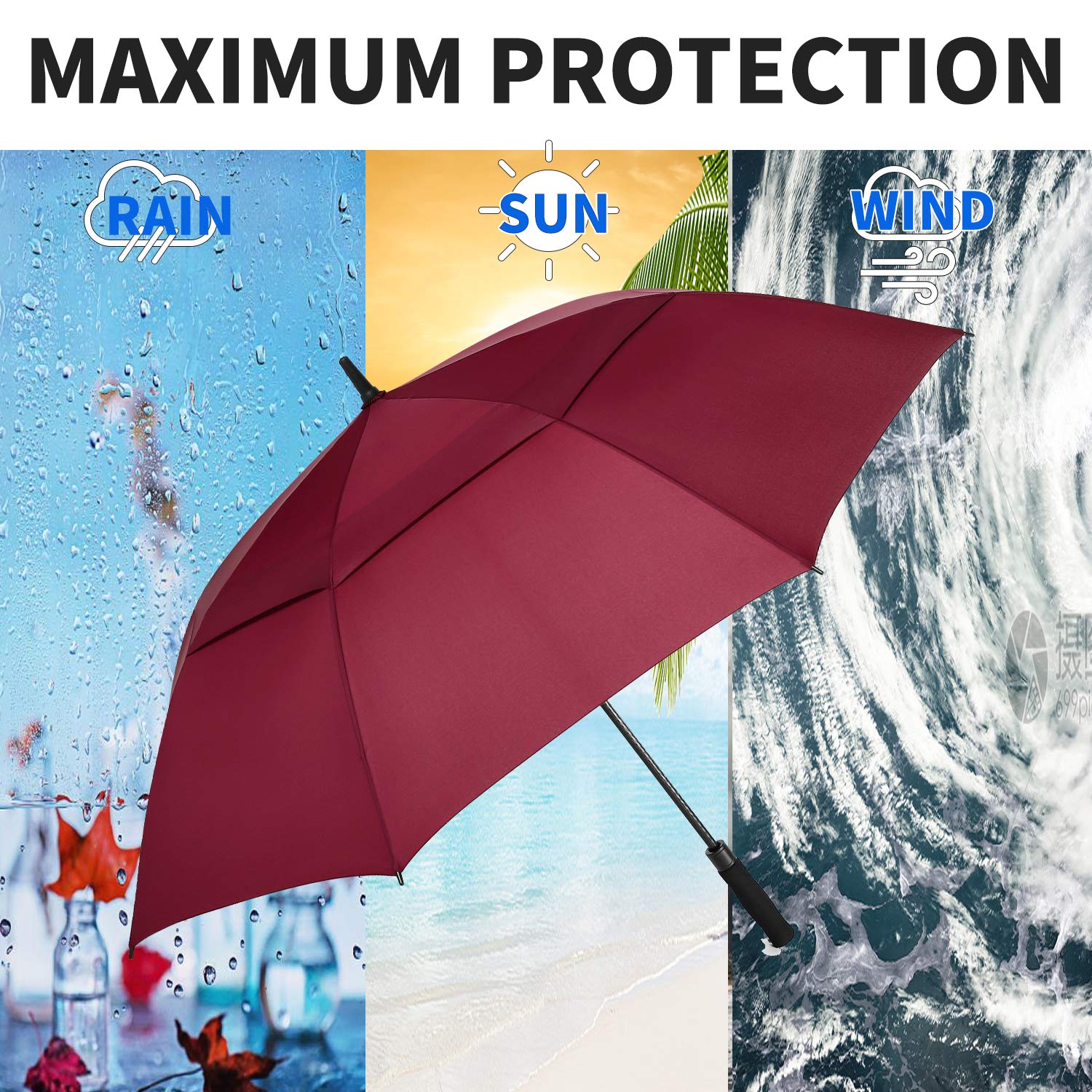 Mrtlloa 72 Inch Automatic Open Burgundy Golf Umbrella, Extra Large Oversize Double Canopy Vented Windproof Waterproof Sports Sti