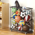 Hencawima Large Garage Ball Storage, Rolling Floor Sports Equipment Organizer: Freestanding Ball Rack with Elastic Rope-, Ball H