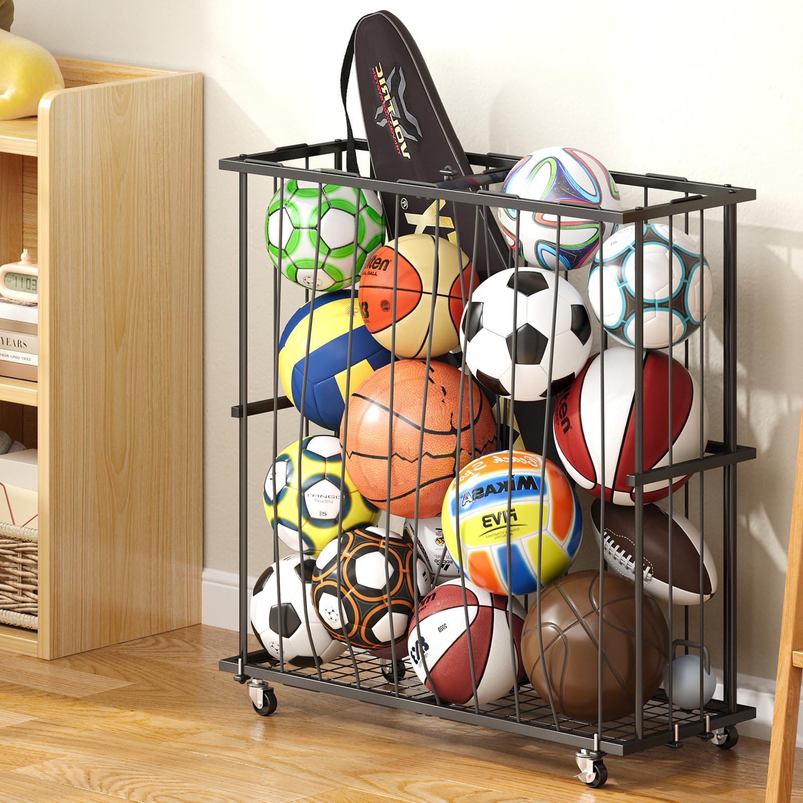 Hencawima Large Garage Ball Storage, Rolling Floor Sports Equipment Organizer: Freestanding Ball Rack with Elastic Rope-, Ball H