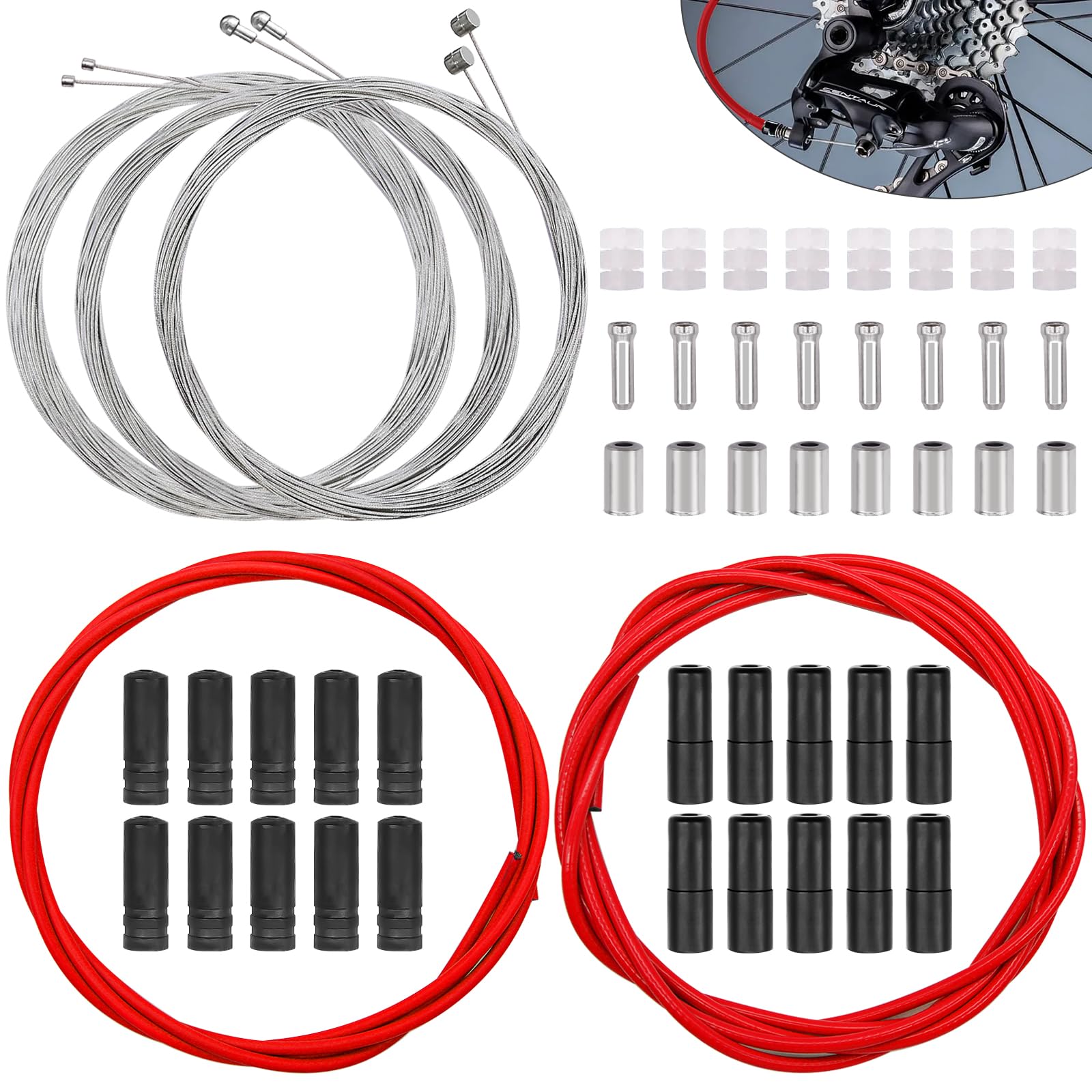 Taiss Universal Bicycle Brake Cable,Bike Shift Cable Housing Kit with O-Rings,End Caps for Bicycle Mountain Road Bike Repair(red