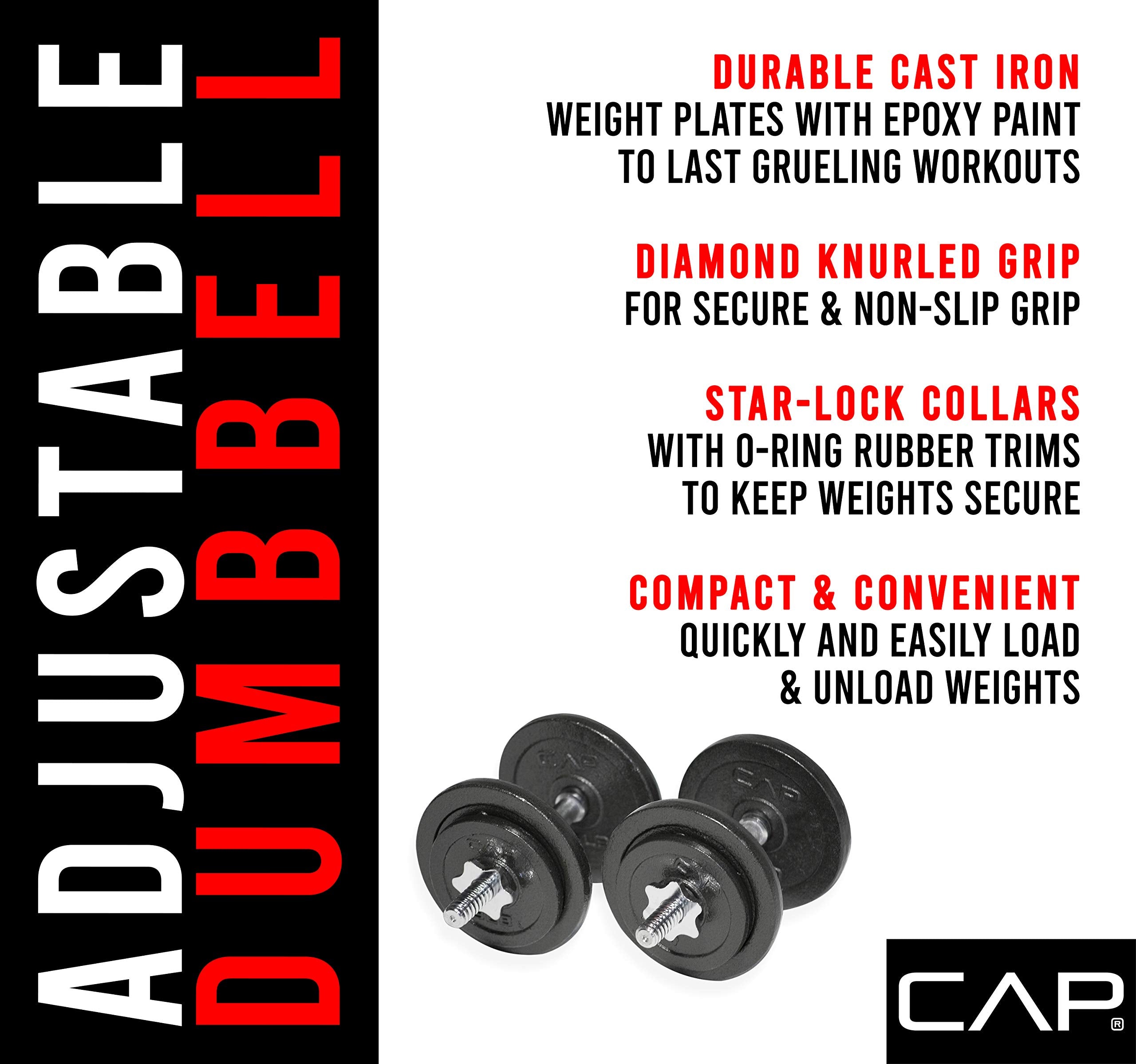 Cap Barbell 50-Pound Adjustable Dumbbell Weight Set, C. Black, 50 Lb, Pair