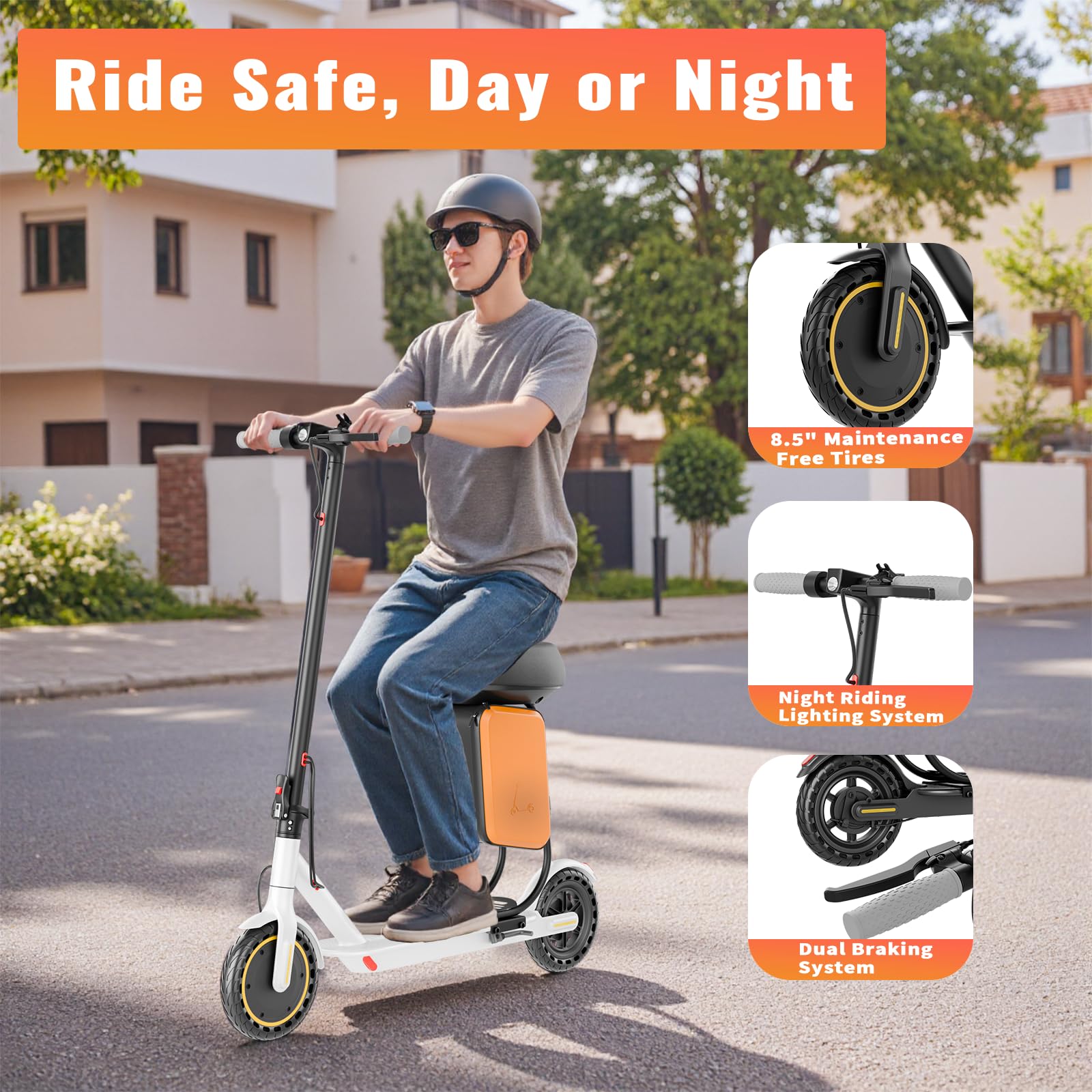 Qlaway Electric Scooter with Seat, 350W Motor, Top Speed 19Mph(31km/h), Max 22 Miles Ranges, 350W Motor, 8.5 Solid Tires, Alumin