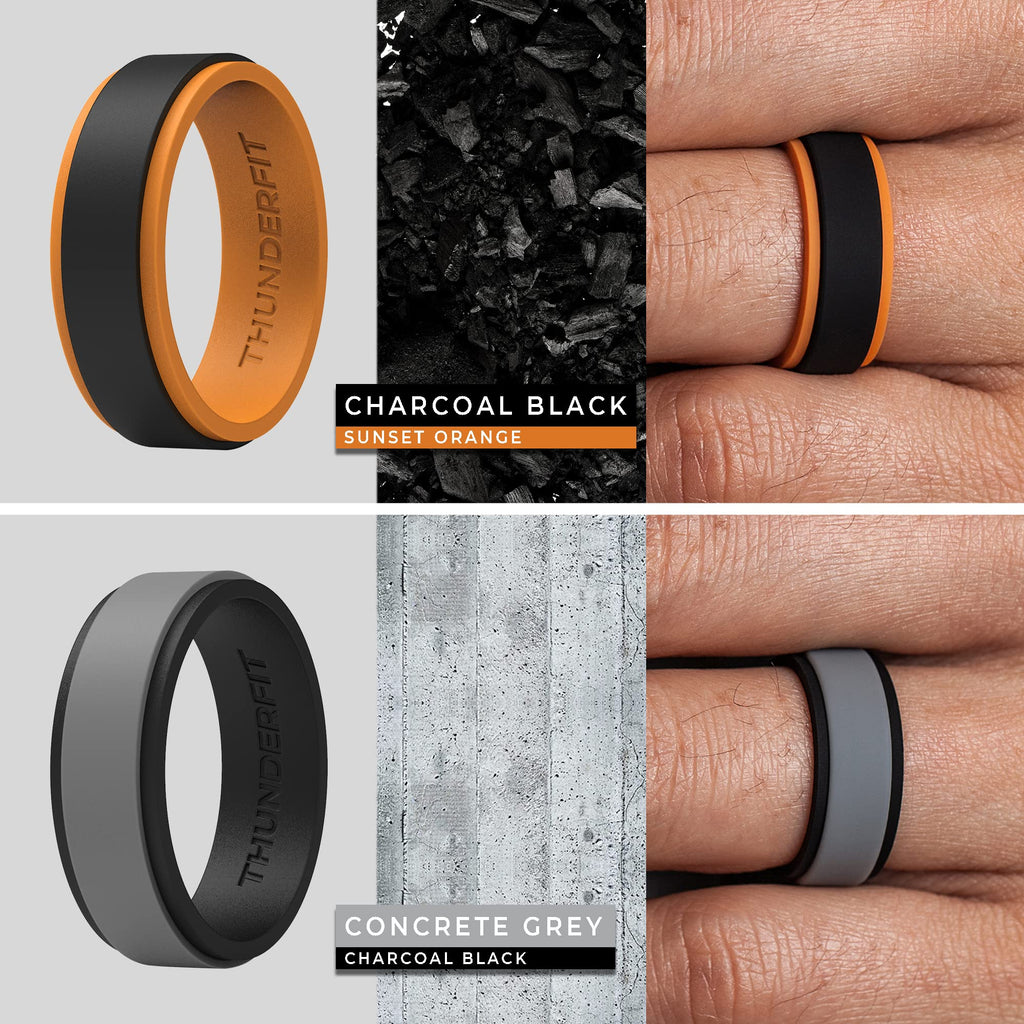 Thunderfit Silicone Wedding Rings For Men, 2 Layers Step Edge - 10Mm Width - 2.3Mm Thick (Black Grey, Black Orange, Black Olive