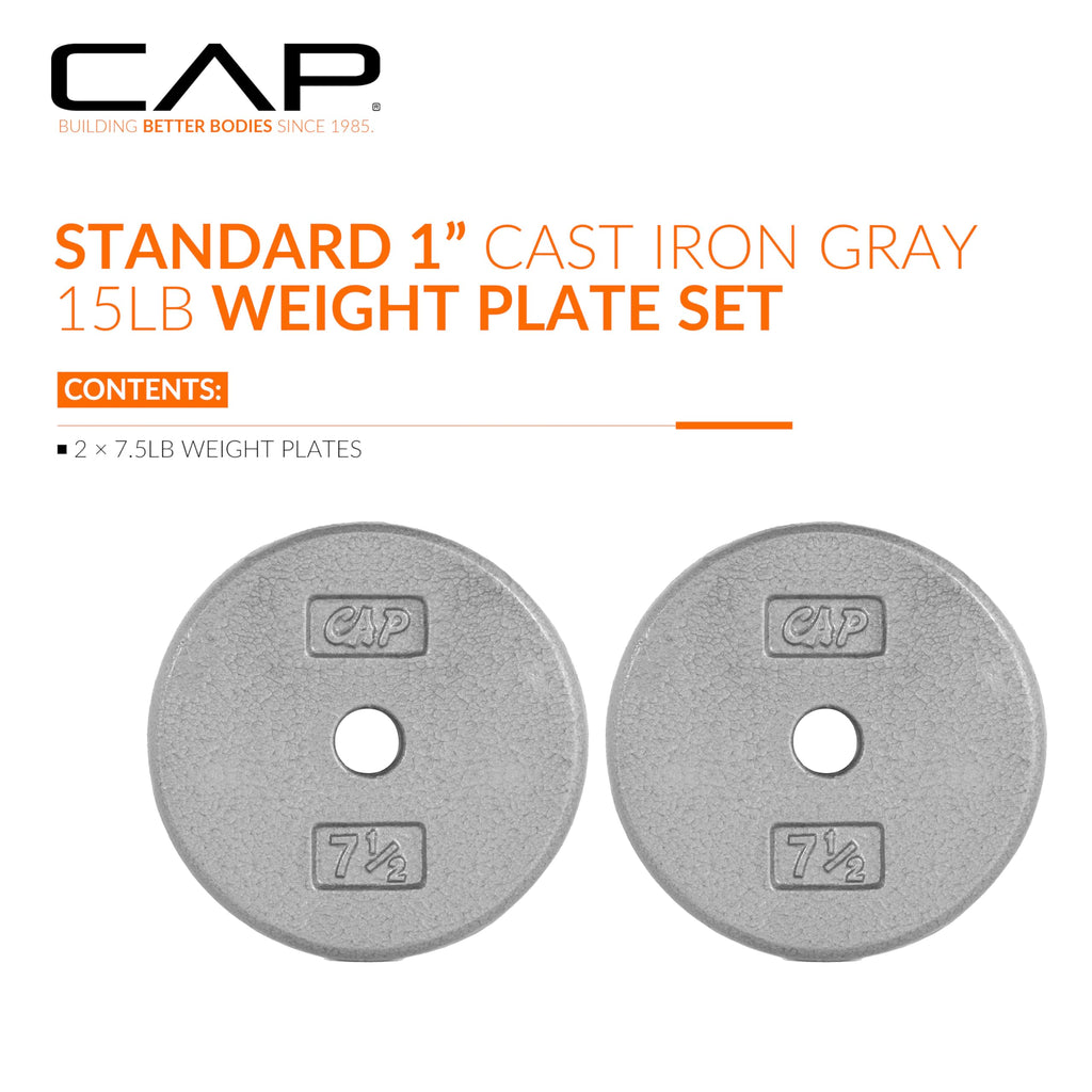 CAP Barbell Cast Iron Standard 1-Inch Weight Plate Set - Barbell Weights for Home Gym, Strength Training, and Weightlifting, 7.5