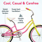 Kulana Lakona Shore Youth Beach Cruiser Bike, 20-Inch Wheels, Single Speed, Pink/Yellow, Model Number: R0901Az