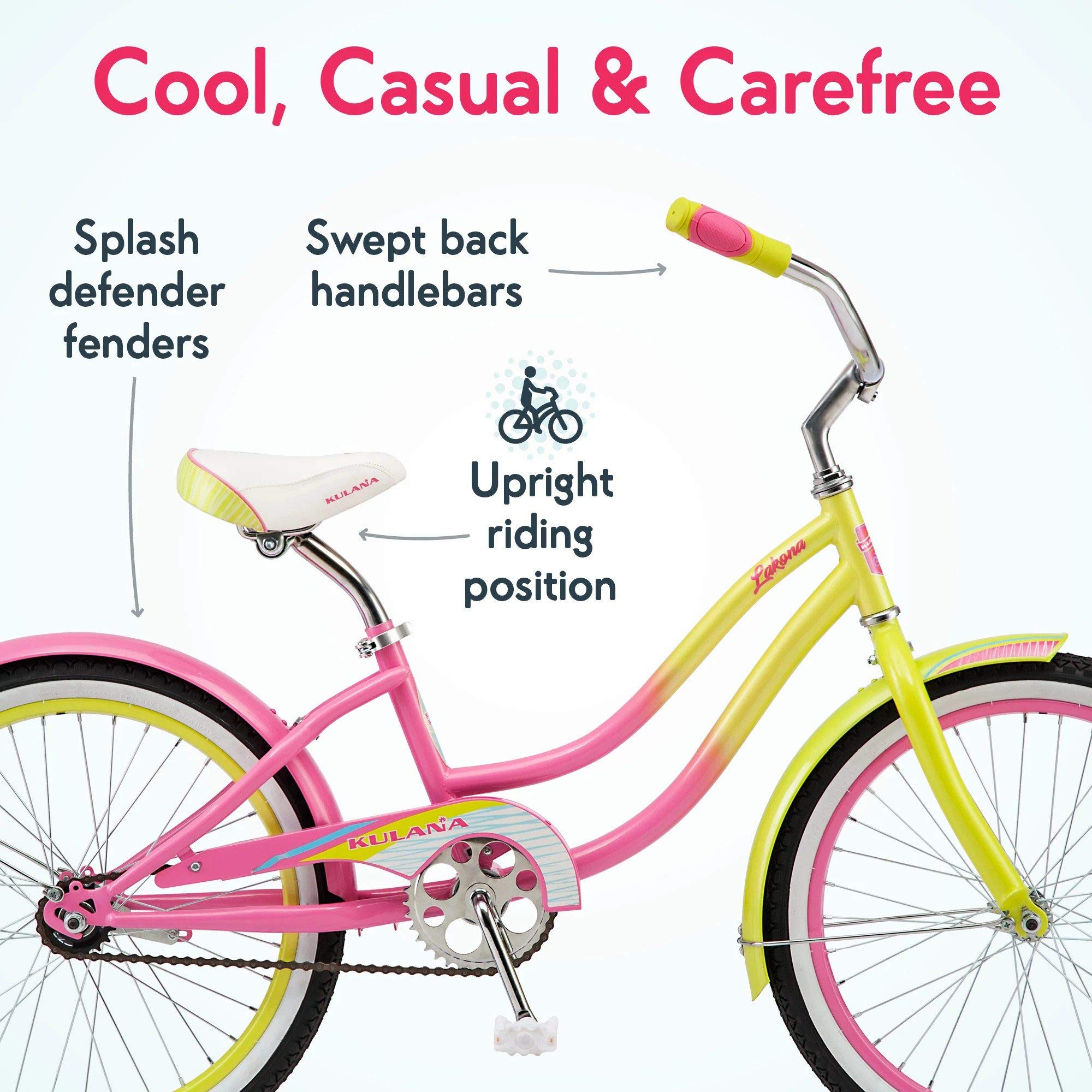 Kulana Lakona Shore Youth Beach Cruiser Bike, 20-Inch Wheels, Single Speed, Pink/Yellow, Model Number: R0901Az