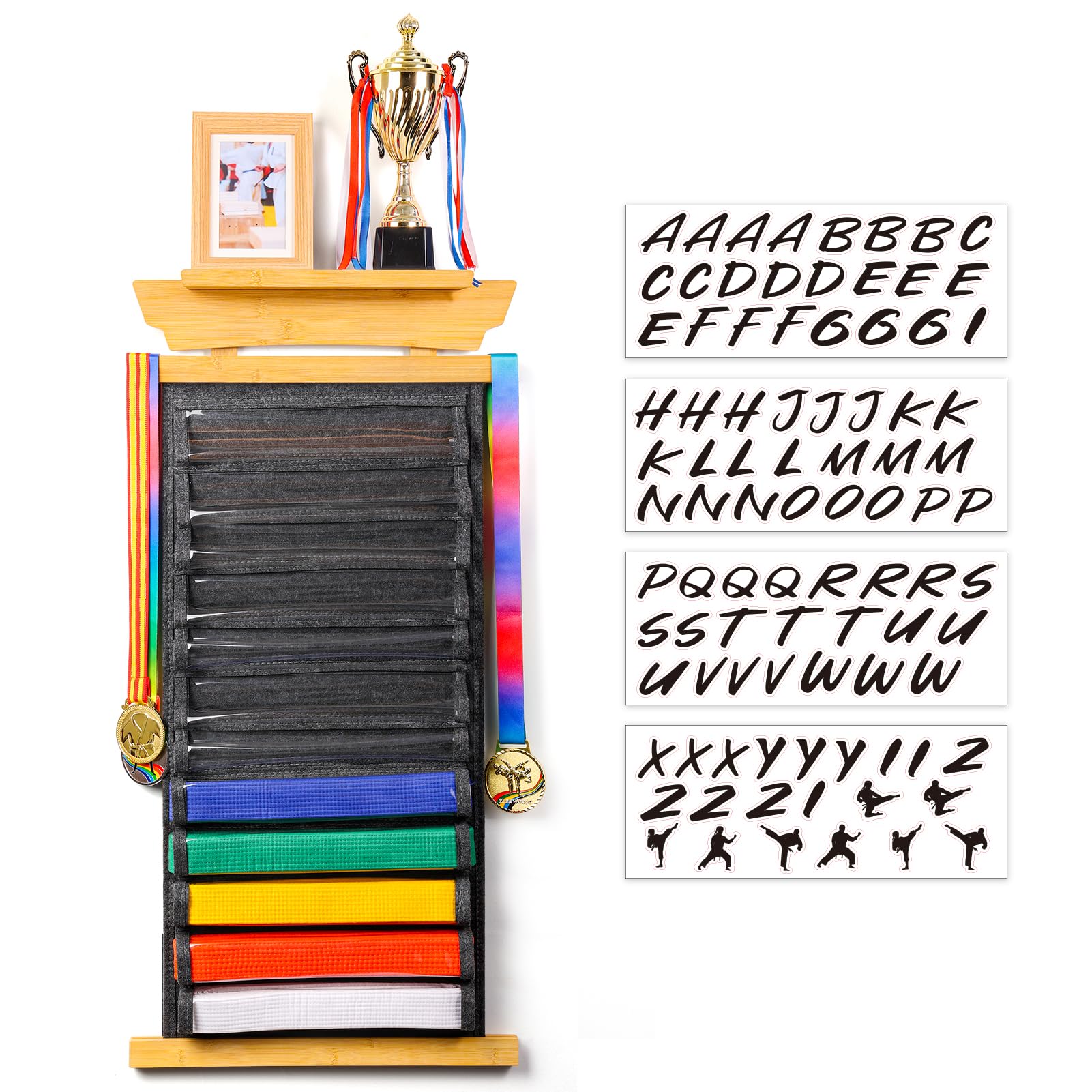 Tilhumt 12 Belts Karate Belt Display Rack With Photo Shelf, Felt Taekwondo Belt Display Holder Martial Arts Belt Display For Kid
