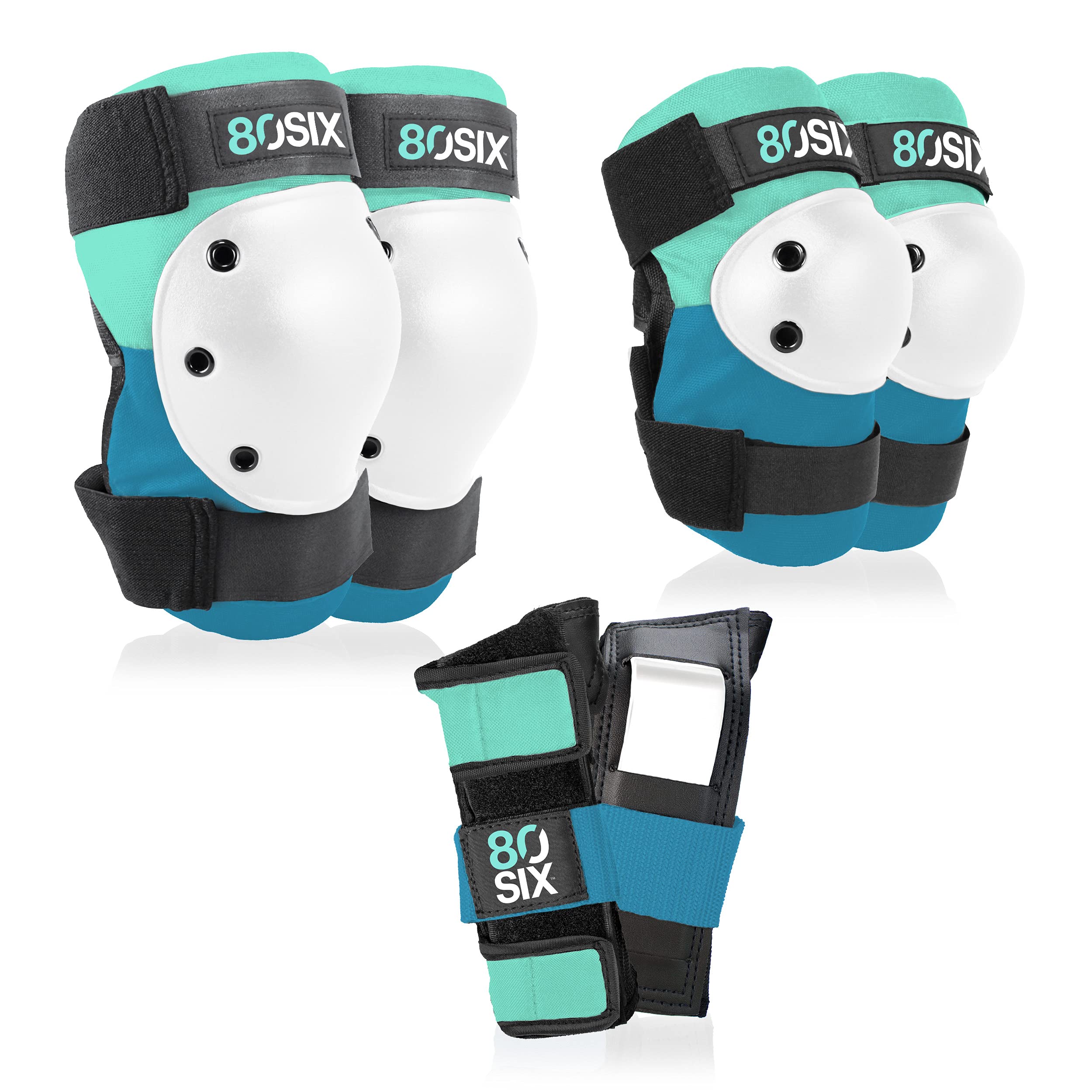 80Six Kids Multi-Sport Pad Set with Wristguards, Elbow Pads, and Knee Pads, Surf Green Teal, Small/Medium - Ages 8+