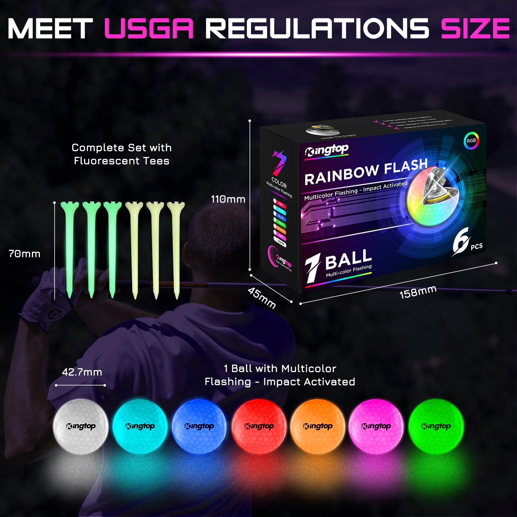 Kingtop Rainbowflash Glow In The Dark Golf Balls - Multicolor Flashing Led Golf Ball Light Up Backyard Putting Green, 10-Minute