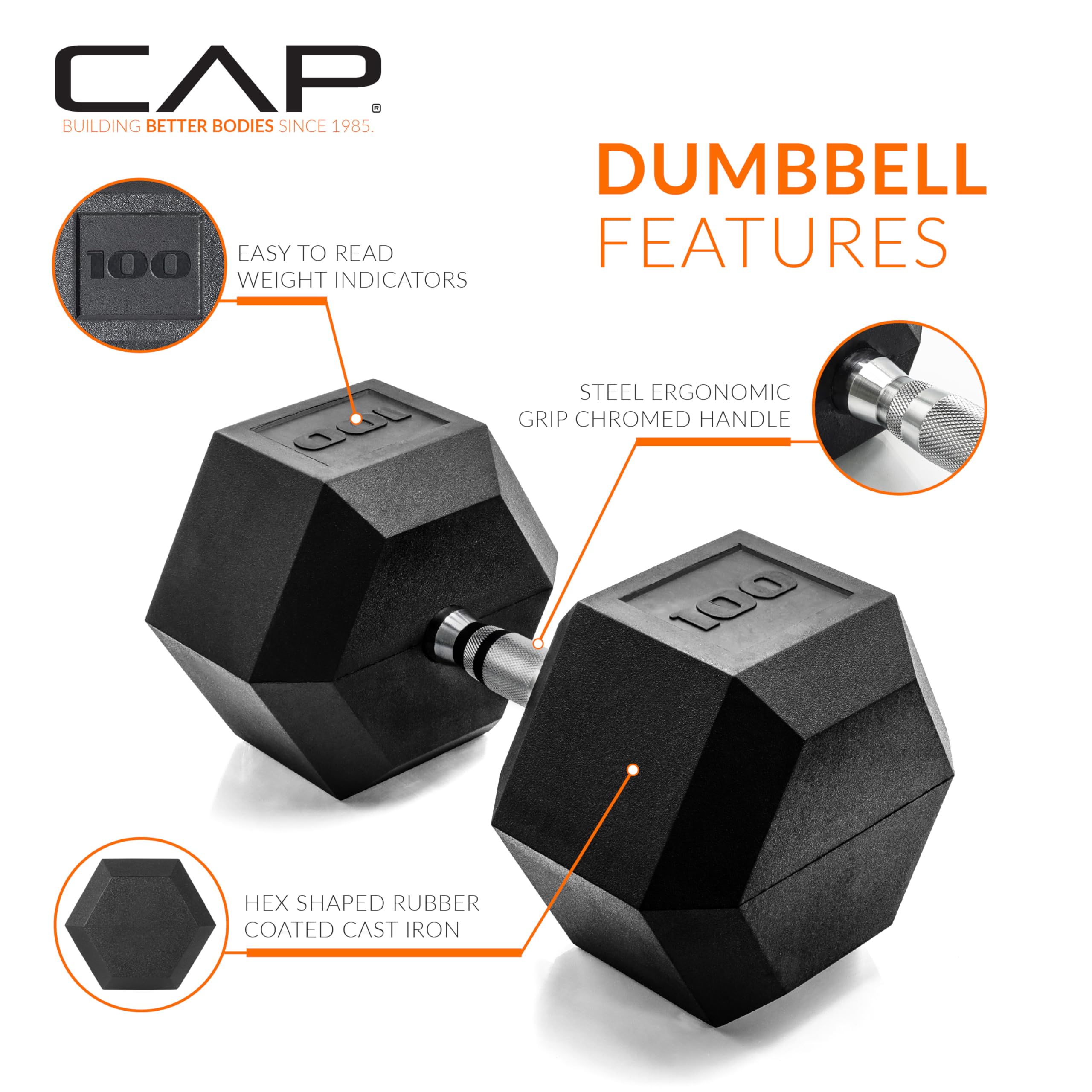 Cap Barbell Cap 100 Lb Coated Hex Dumbbell Weight, New Edition, Black, (Sdris-100)