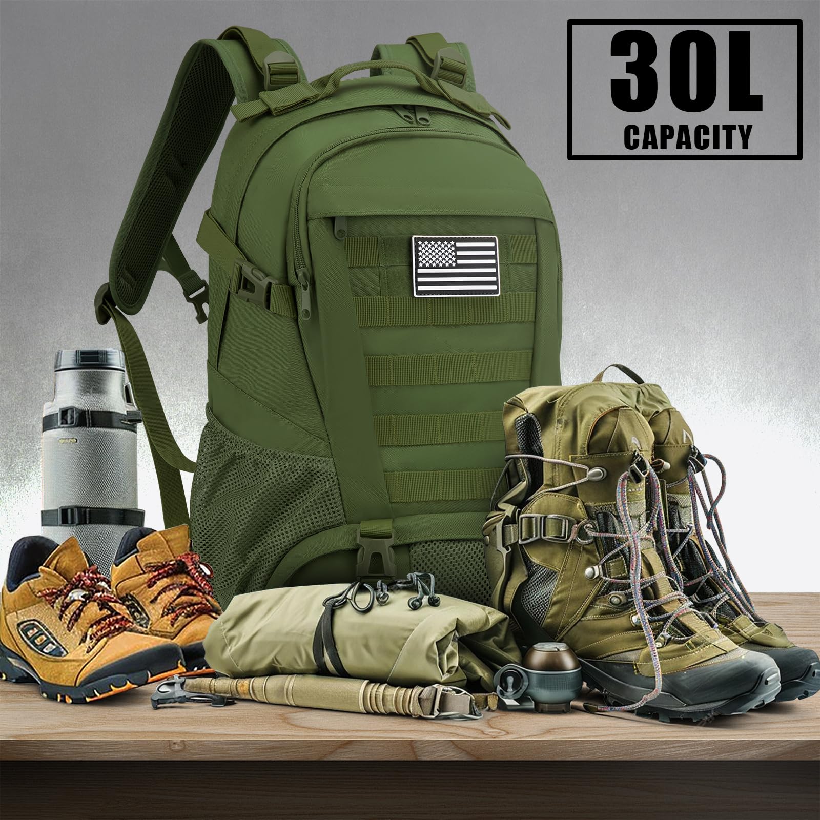 Jueachy Tactical Backpack For Men Hiking Day Pack Molle Military Rucksack Waterproof 30L Edc Bag With Usa Flag Patch Green