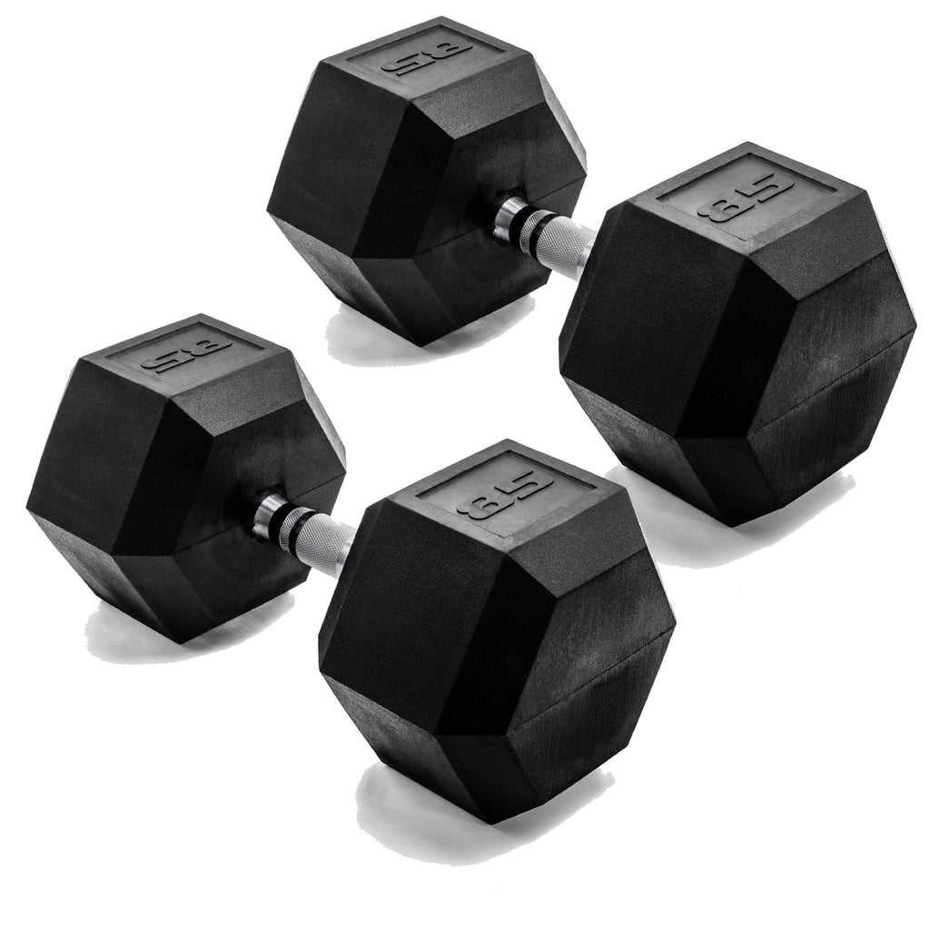 CAP Barbell 85 LB Rubber Coated Hex Dumbbell Hand Weight - Pair | Chrome Handle