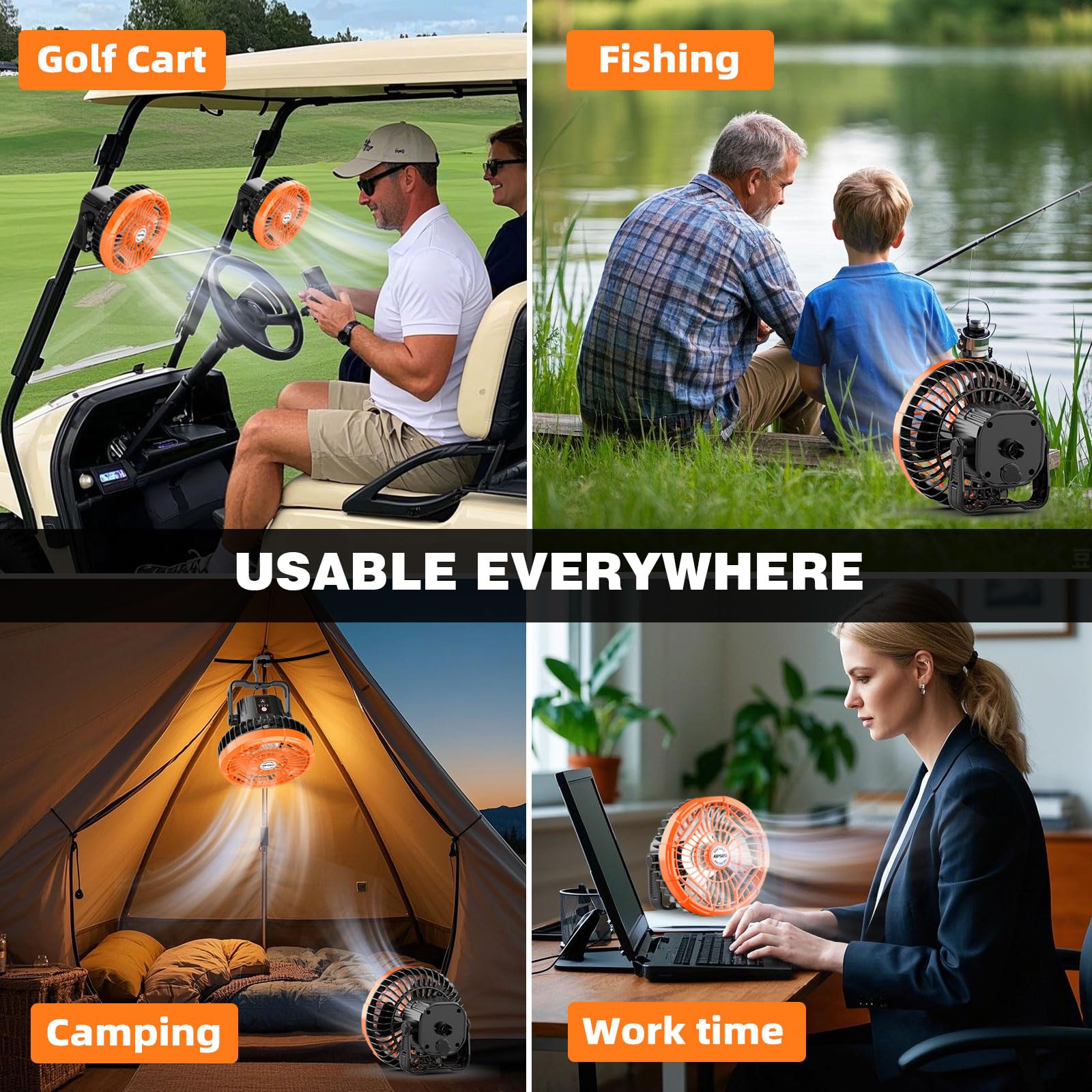 Aipset Rechargeable Golf Cart Fan, 10400Mah Battery, 3-Speed, Led Light, 36 Hrs Work, Remote Control, Hang Hook, Usb & Type C Po