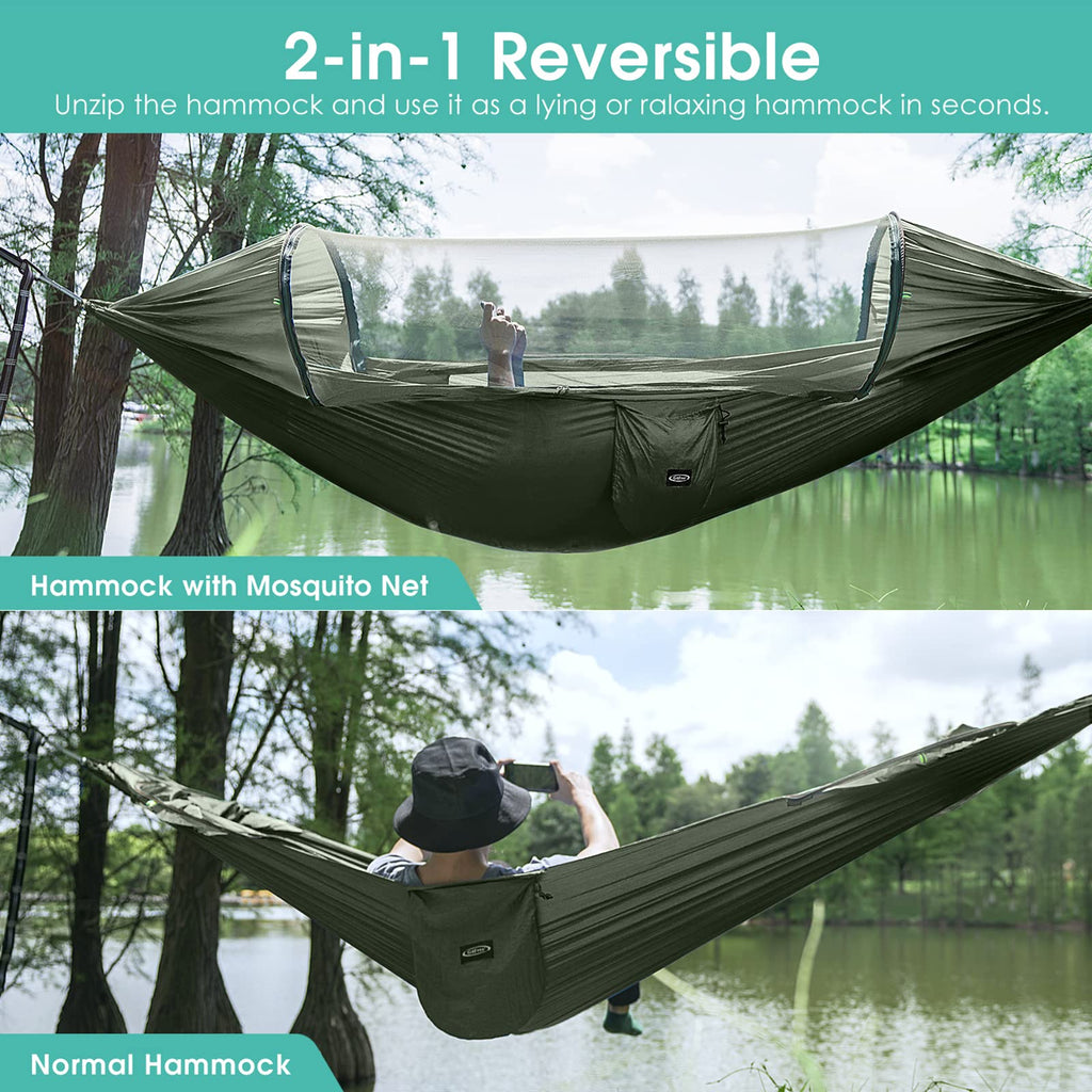 G4Free Large Camping Hammock With Mosquito Net 2 Person Pop-Up Parachute Lightweight Hanging Hammocks Tree Straps Swing Bed For