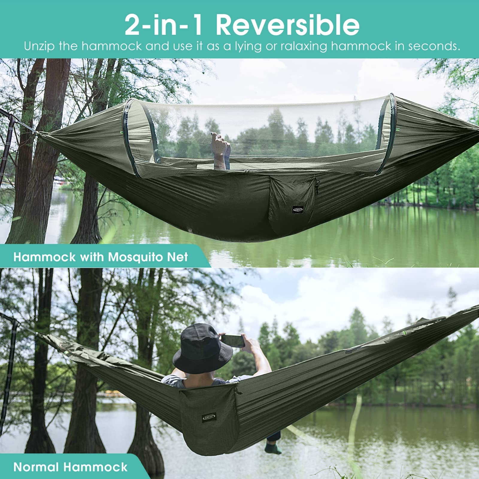 G4Free Large Camping Hammock With Mosquito Net 2 Person Pop-Up Parachute Lightweight Hanging Hammocks Tree Straps Swing Bed For