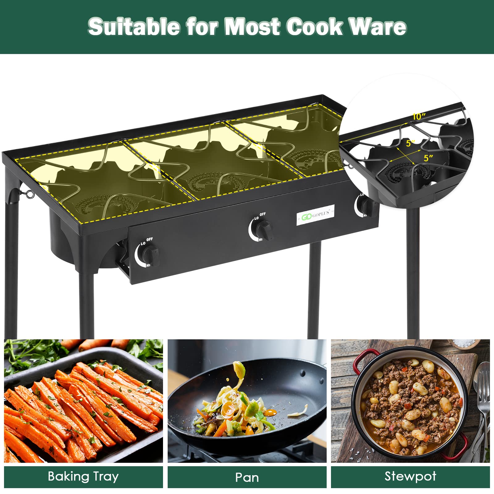 Goplus Outdoor Camping Stove, 3 Burner Propane Gas Cooker W/Detachable Legs & Csa Regulator & 0-20 Psi Regulator For Camp Paito