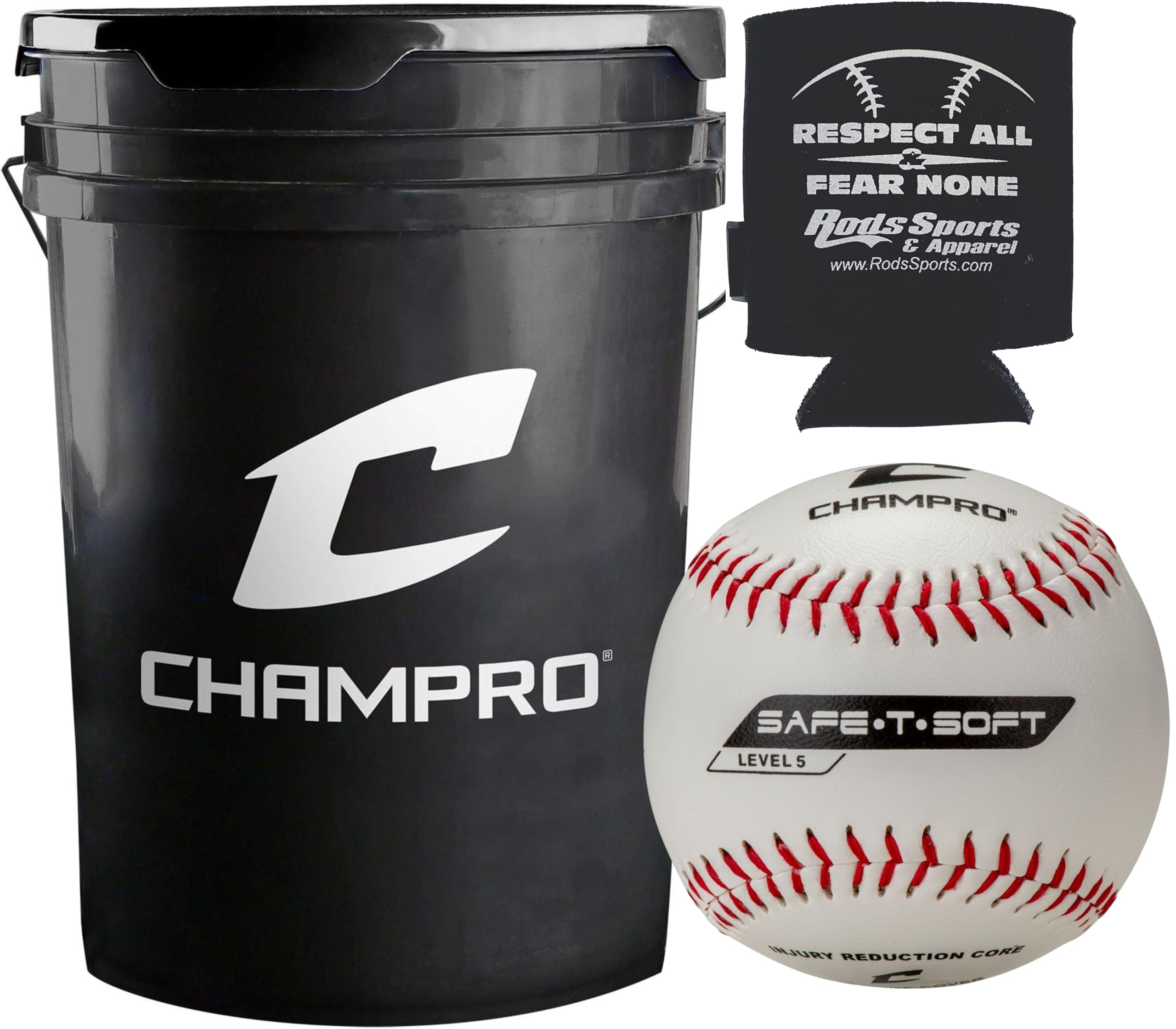 Champro CBB-65 9    Safe-T-Soft Level 5 Baseballs (30 Balls) with Cushion Lid Black Bucket Combo with Rods Can Cooler