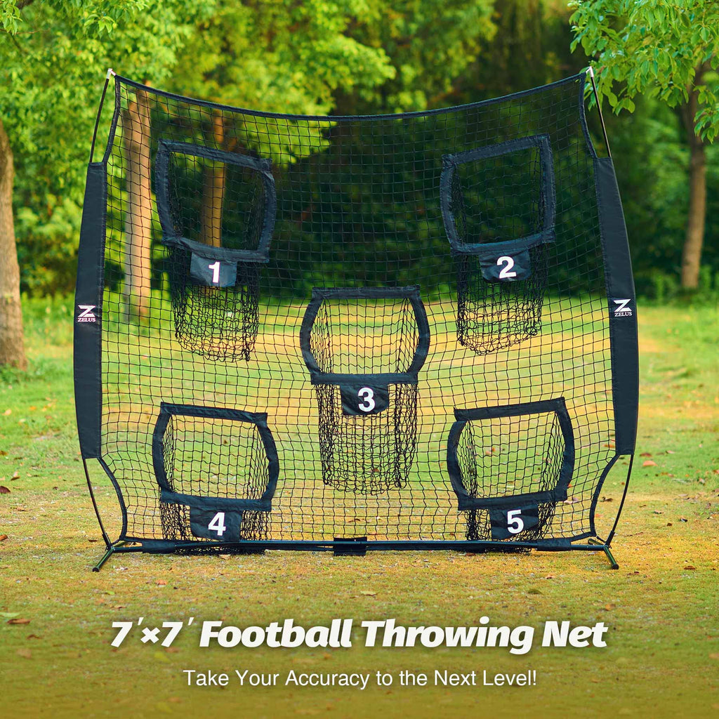 ZELUS Football Throwing Net, 7x7ft Football Training Equipment with 5 Target Pockets for Throwing and Passing Practice, Portable