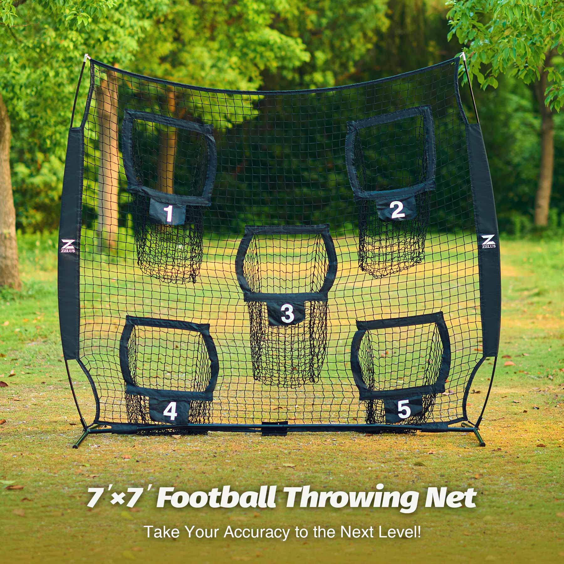 ZELUS Football Throwing Net, 7x7ft Football Training Equipment with 5 Target Pockets for Throwing and Passing Practice, Portable