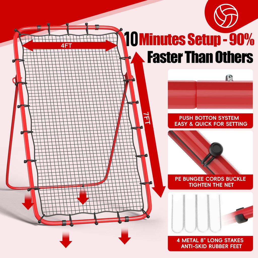 Volleyball Rebounder Net 7x4 Ft, 5-Angle Adjustable Rebounder Net for Practicing Digging, Setting, Spiking, Bounce Back Training