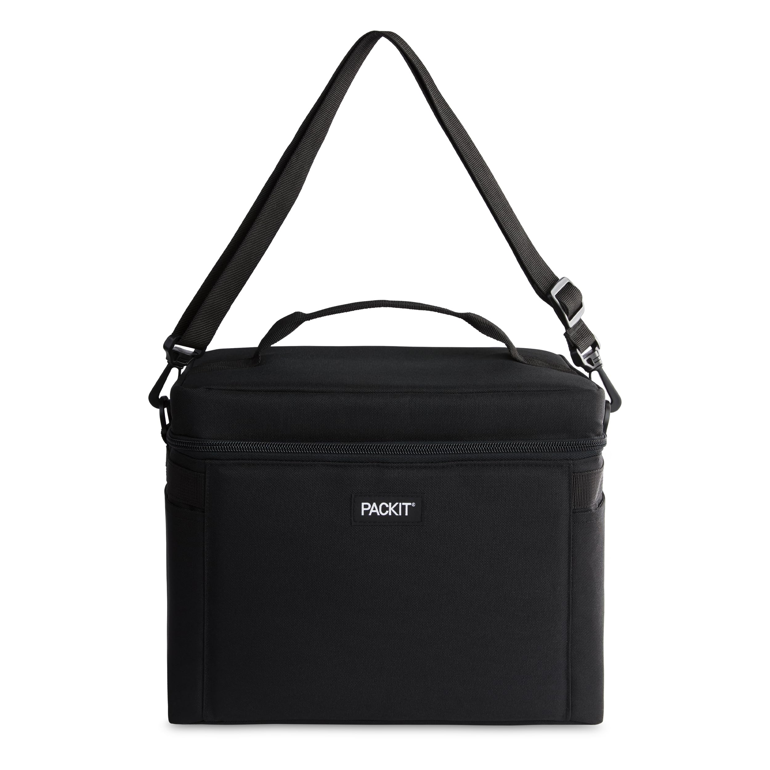 PackIt Freezable Newport Cooler, Black, Collapsible, Reusable, Built with ECOFREEZE Technology, Wide Top Opening, Double Zip Clo