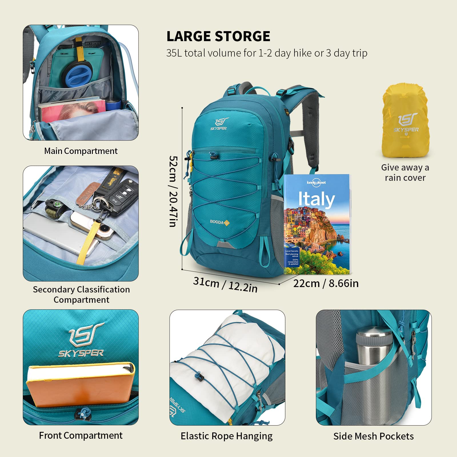 Skysper Hiking Backpack For Men Women, 35L Travel Backpack Waterproof Camping Backpack Outdoor Lightweight Daypack(Teal)