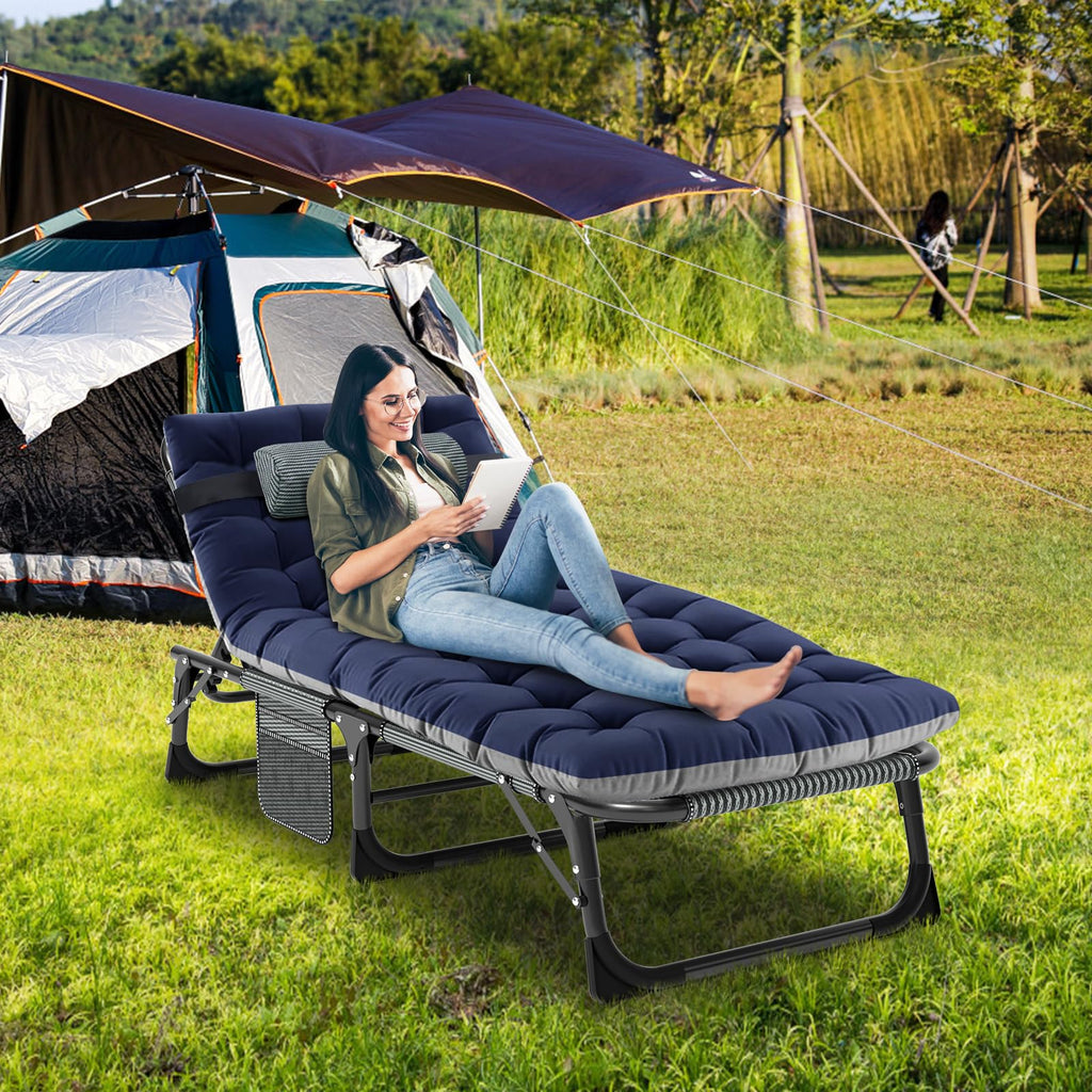 Portable Folding Camping Cot, Adjustable 4-Position Adults Reclining Folding Chaise With Pillow, Outdoor Portable Folding Lounge