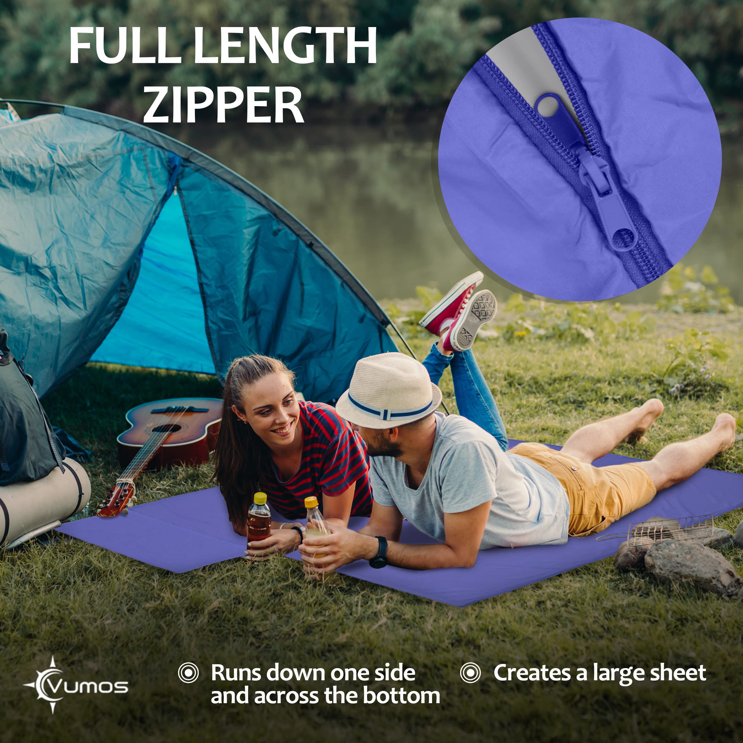 Vumos Sleeping Bag Liner And Camping Sheet - Silk Like Material For Travel - Has Full Length Zipper - Blue