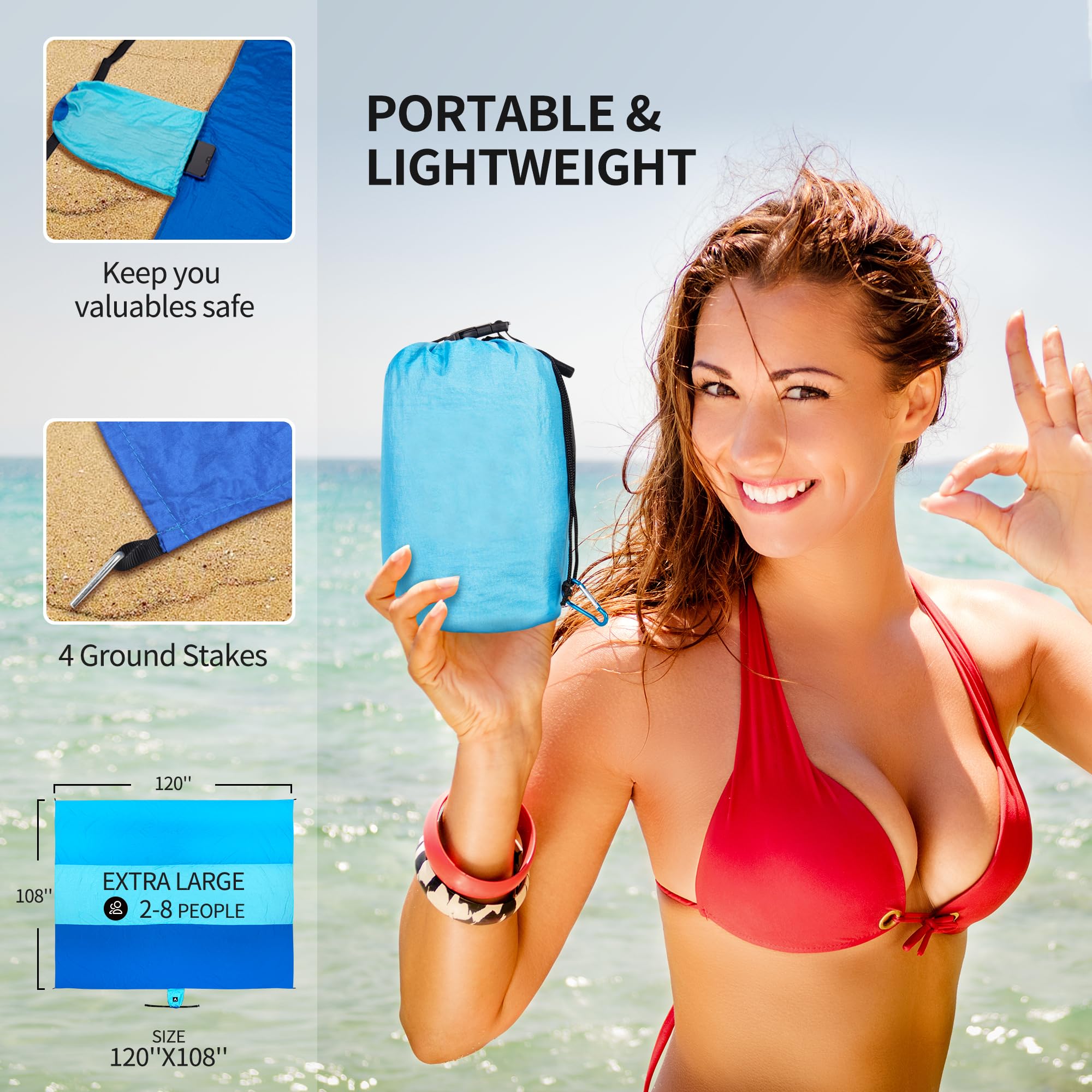 Hihoho Beach Blanket, Sandproof Beach Mat, Waterproof Quick Drying Lightweight Outdoor Picnic Mat 120 ''X108 '' For 2-8 Adults W