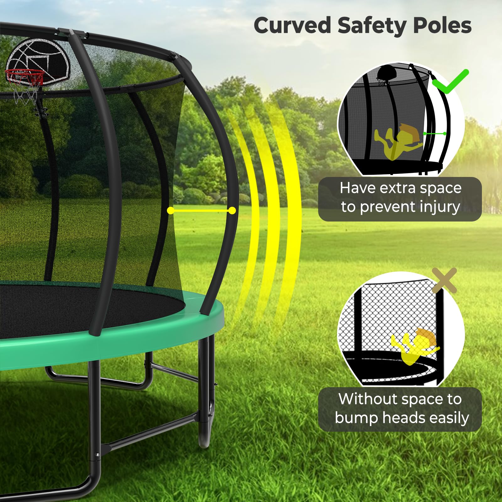 Lyromix 15FT Outdoor Trampolines for Kids and Adults, Pumpkin Trampolin with Curved Poles, Recreational Trampolin with Basketbal