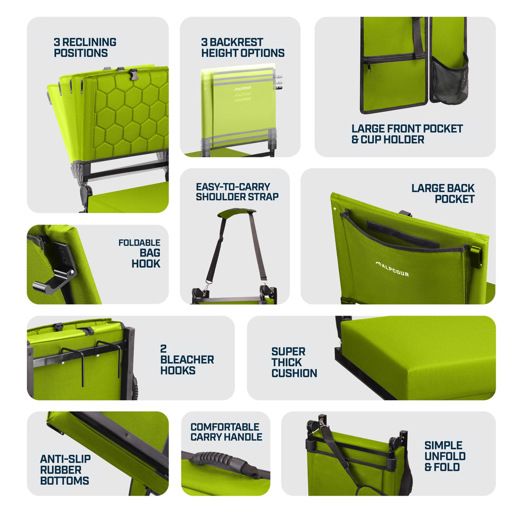Folding Reclining Stadium Seats With Back Support For Bleachers, Bleacher Chairs With Back And Cushion Seating For Football, Cam