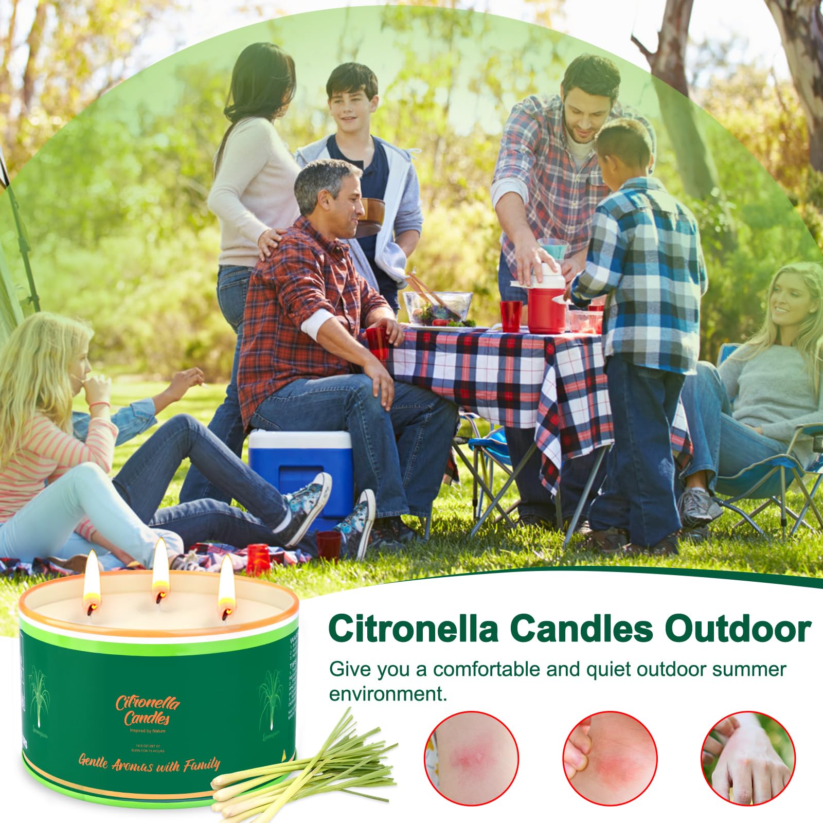 Citronella Candles Outdoor, 2 Packs Large Outdoor Candles For Patio Garden (14Oz Each), 3-Wick Nature Soy Wax Lemomgrass Outside