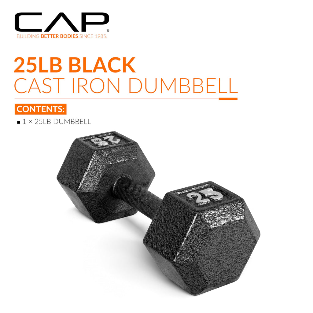 Cap Barbell Cast Iron Hex Dumbbell, Black, Single, 25 Lb