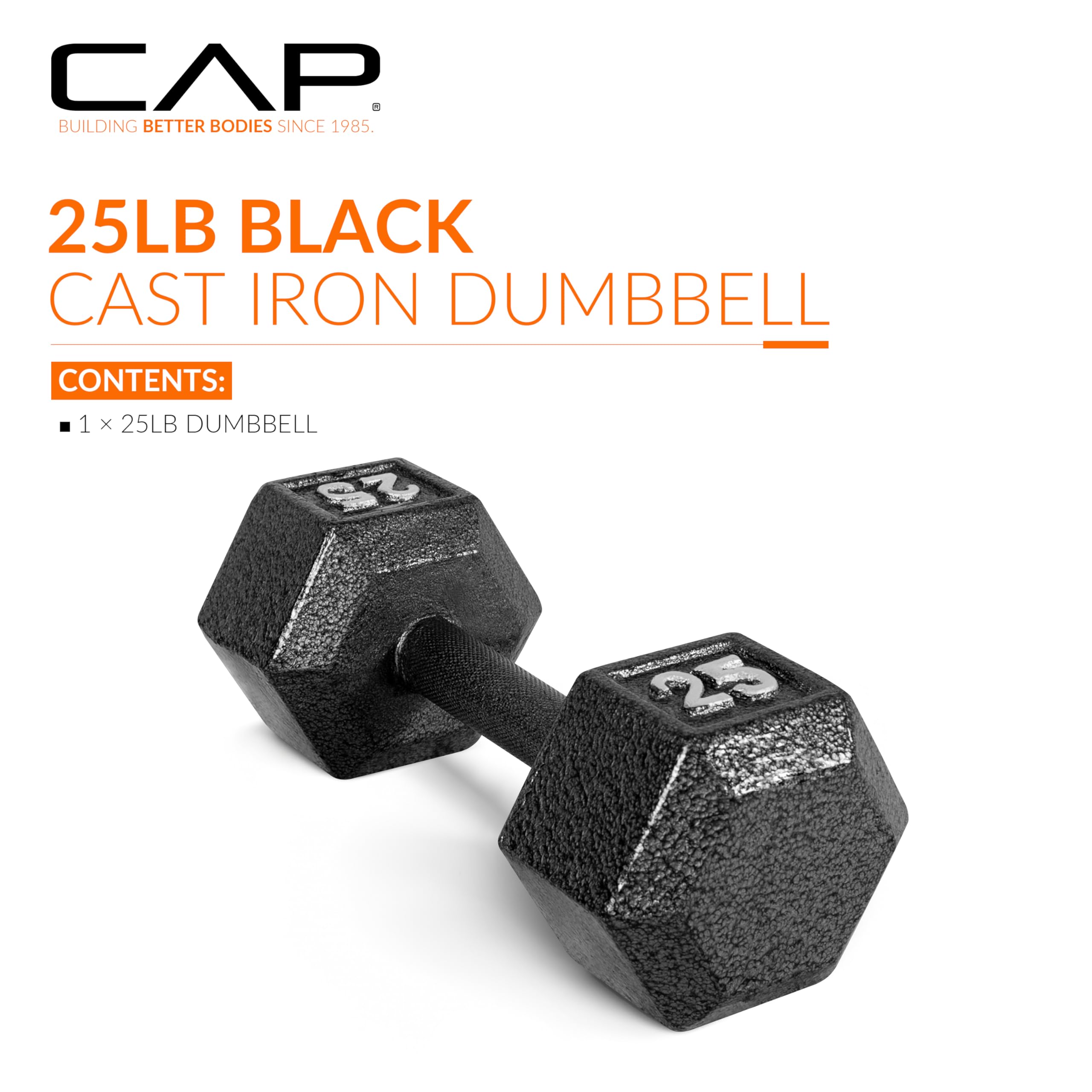 Cap Barbell Cast Iron Hex Dumbbell, Black, Single, 25 Lb