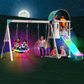 Sportspower Amelia Galaxy Cedar Wooden Swing Set for Night Play with 2 LED Swings, Play Fort with Sandbox, Heavy Duty Double A-F