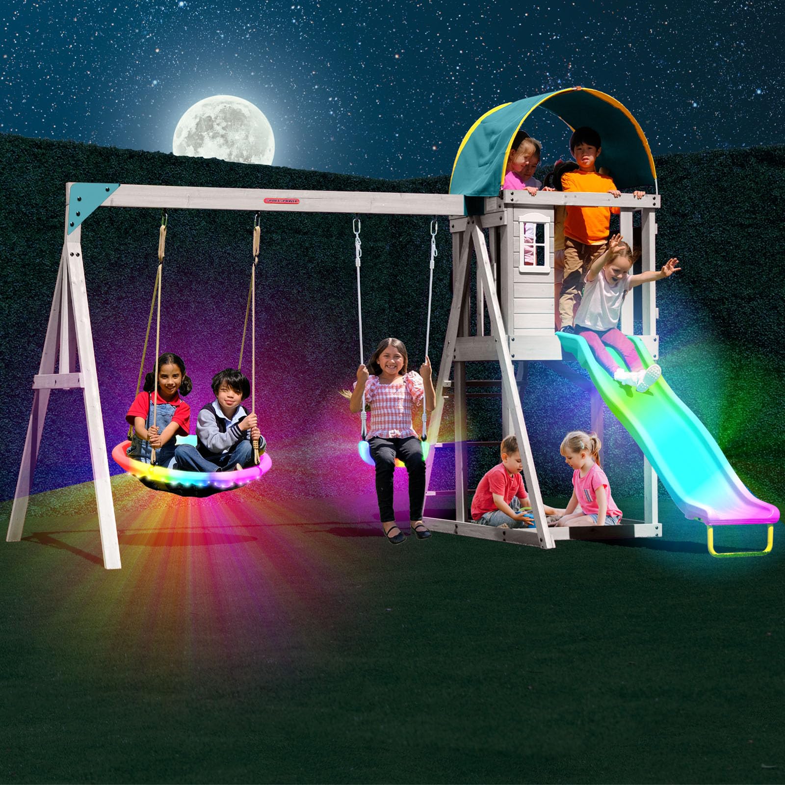 Sportspower Amelia Galaxy Cedar Wooden Swing Set for Night Play with 2 LED Swings, Play Fort with Sandbox, Heavy Duty Double A-F