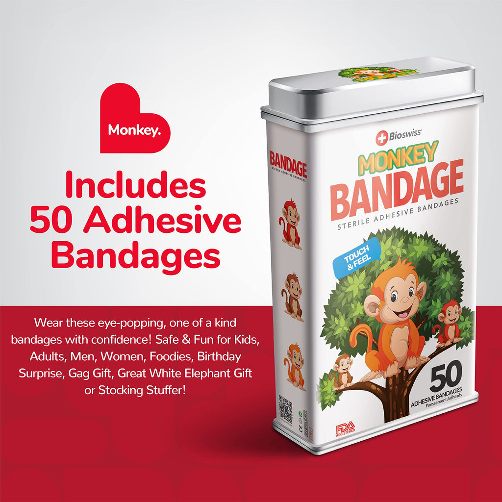 Bioswiss Monkey Shaped Bandages First Aid Latex Free Adhesive Bandage For Kids And Adults, 50 Pack