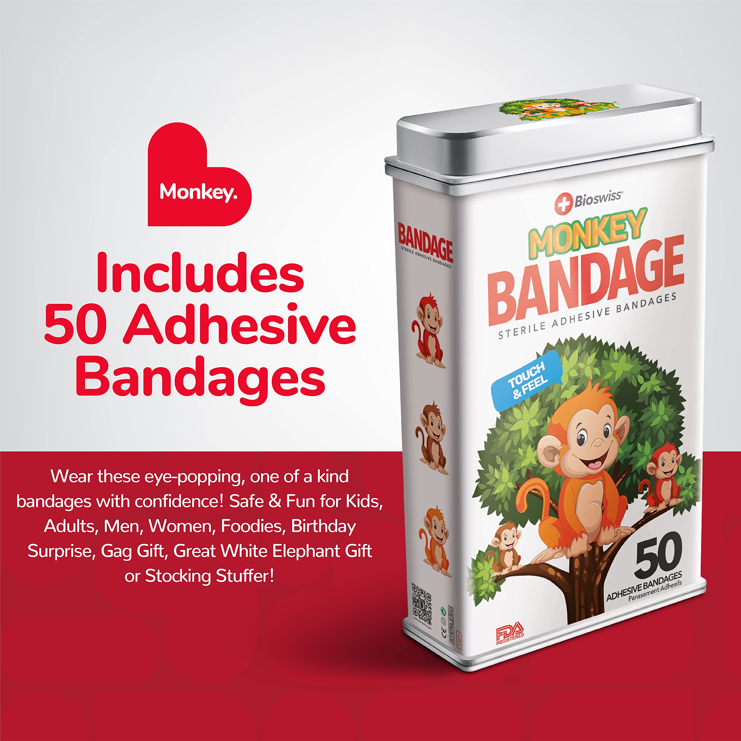 Bioswiss Monkey Shaped Bandages First Aid Latex Free Adhesive Bandage For Kids And Adults, 50 Pack