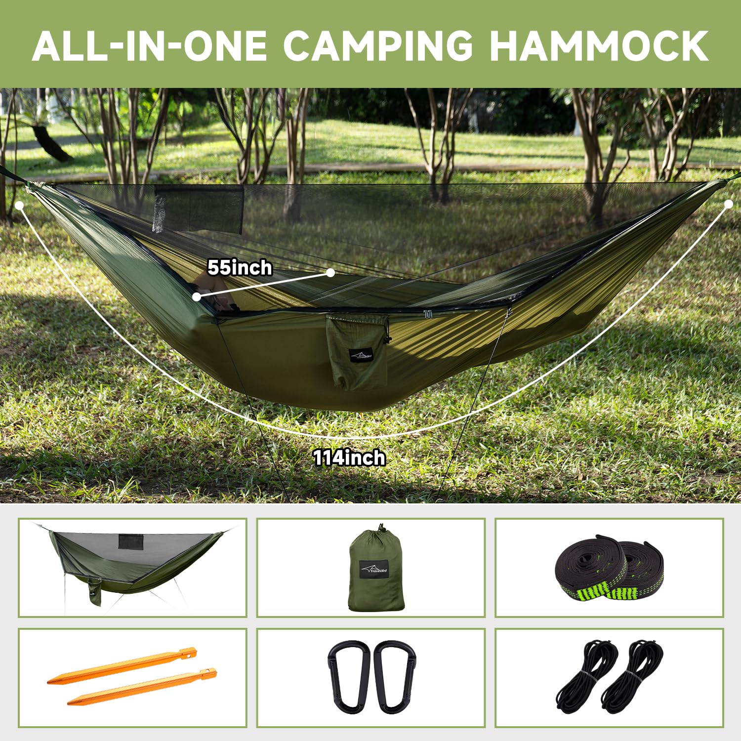 Travel Bird Camping Hammock With Mosquito Net And Ridge Rope, Extra Large For 2 Person, Lightweight Hanging Hammocks Tree Straps