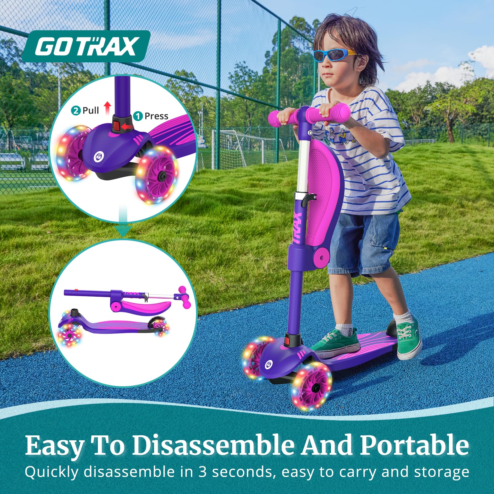 Gotrax KS3 Kids Kick Scooter, LED Lighted Wheels, Adjustable Handlebars and Removable Seat, Lean-to-Steer & Widen Anti-Slip Deck