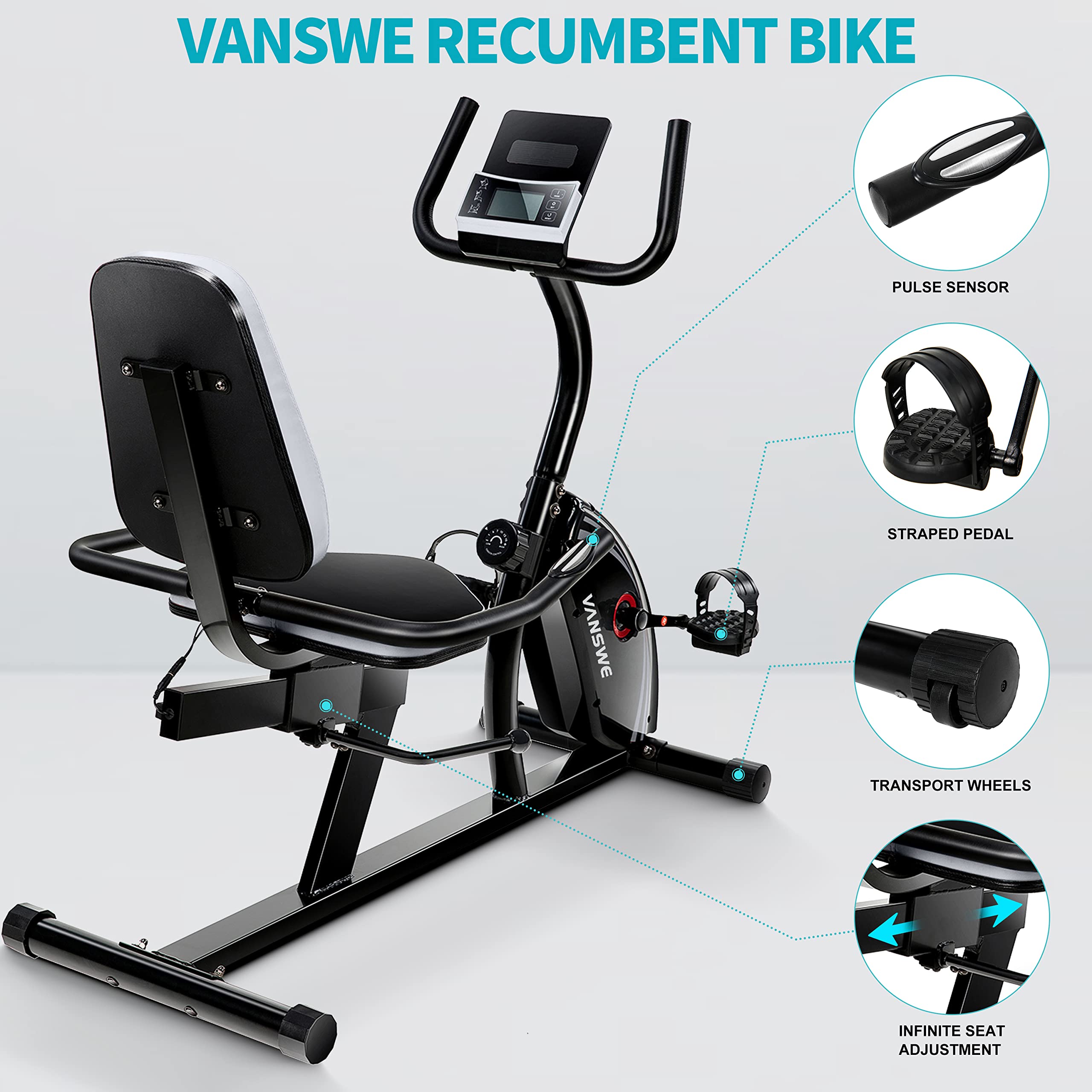 Vanswe Recumbent Exercise Bike For Adults Seniors Cardio Workout At Home With 16 Levels Magnetic Resistance, 380 Lbs Weight Capa