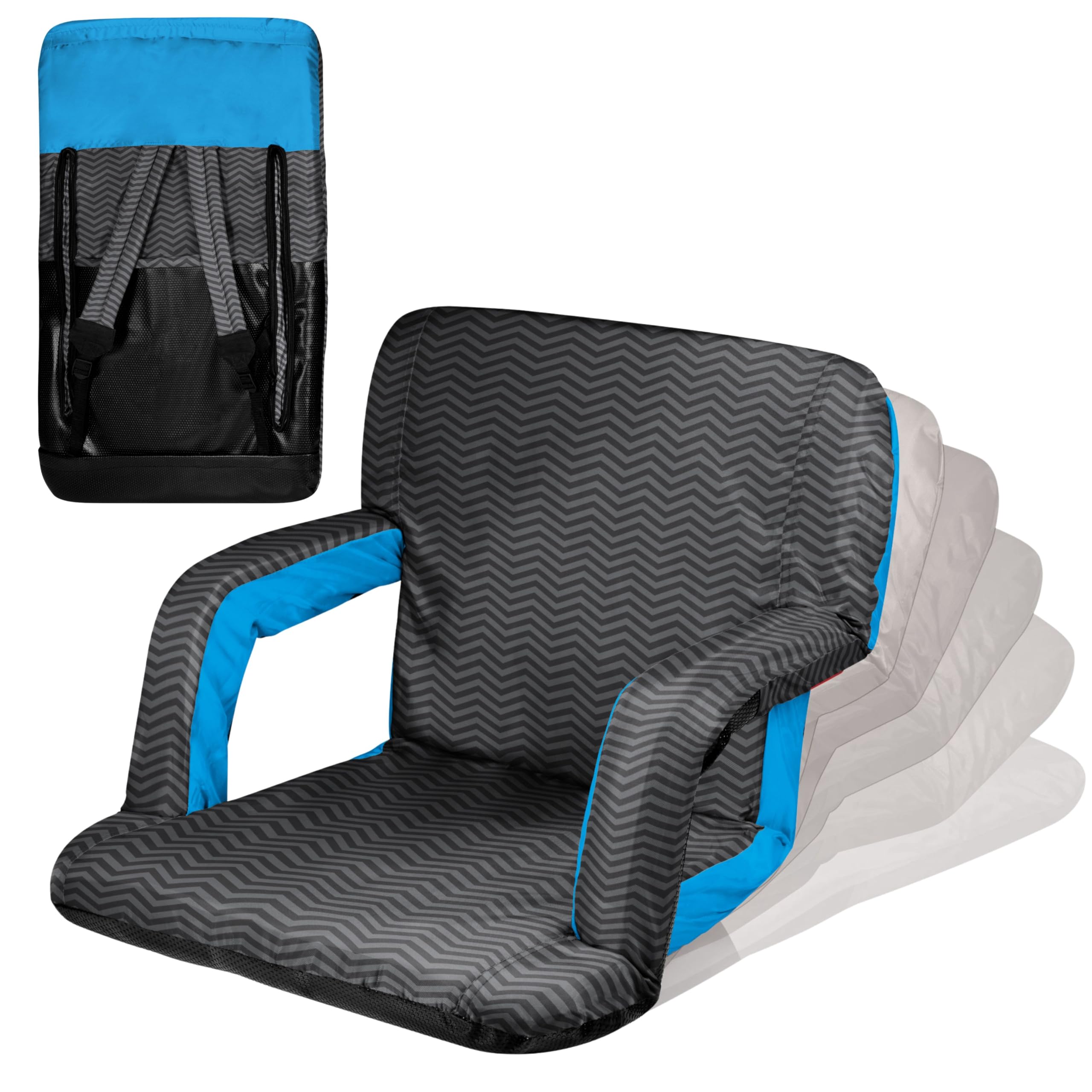 Oniva - A Picnic Time Brand Ventura Portable Reclining Stadium Seat, (Waves Collection - Gray With Vista Blue Accents)