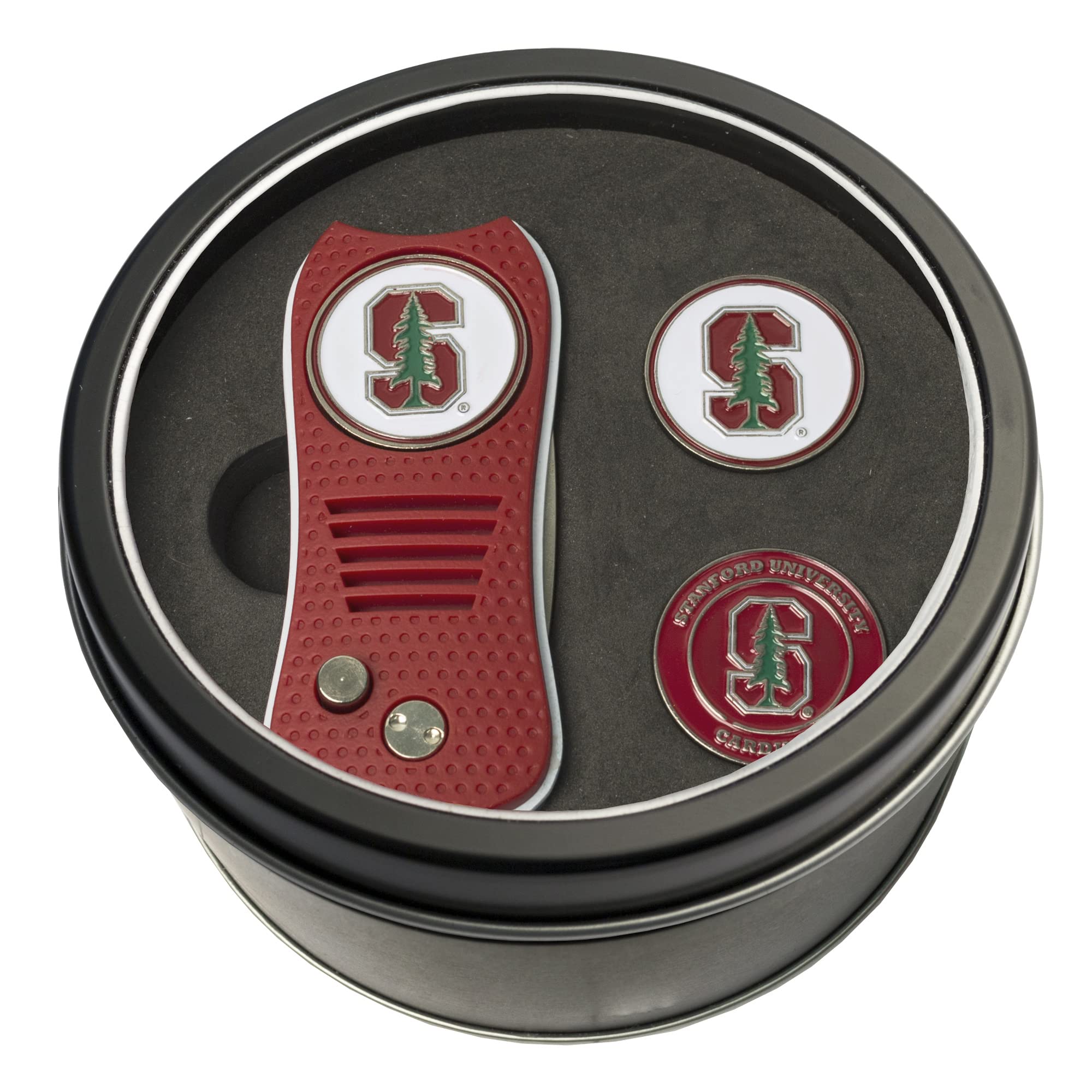 Team Golf NCAA Stanford Cardinal 2 Ball Markers Tin Gift Set with Retractable Divot Tool and 3 Double-Sided Magnetic Ball Marker