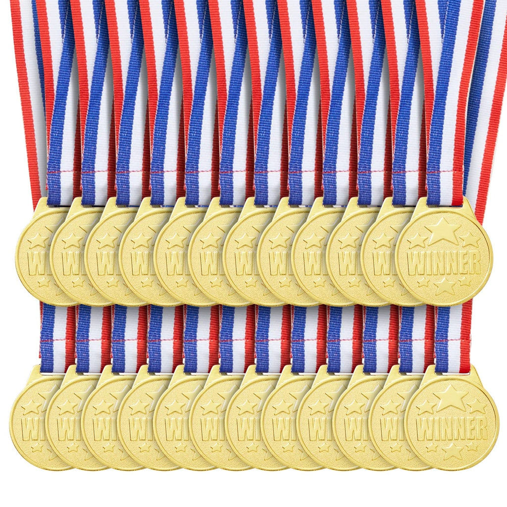 Juvale 24 Pack Gold Winner Medals For Kids And Adults - Participation Awards With 15.3-Inch Red, White, And Blue Neck Ribbons Fo